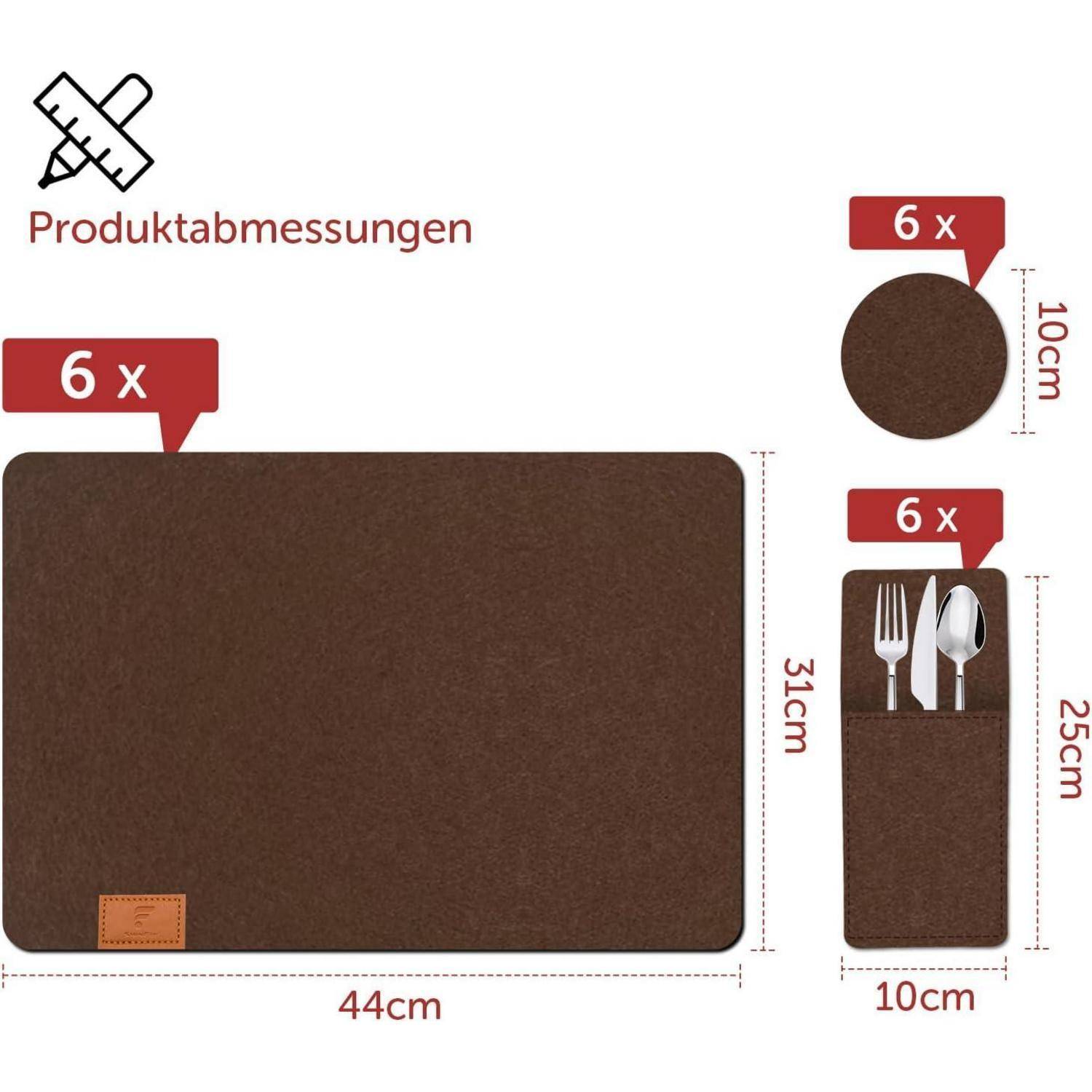Fünf braune Platzsets (44x31 cm) mit Bestecktaschen (25x10 cm) und sechs Untersetzer (10 cm Durchmesser), beschrieben mit ihren Abmessungen.