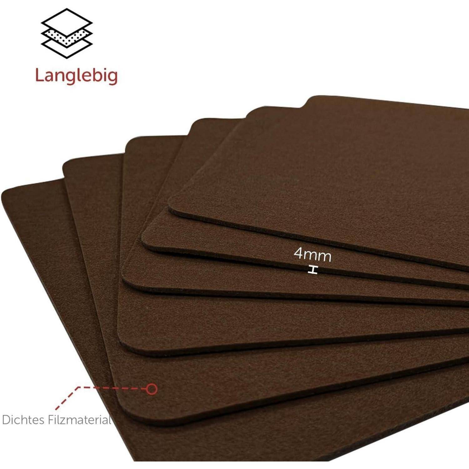 Braune Filzblätter, beschriftet mit ‚Langlebig', werden in einem Stapel gezeigt mit markierter ‚4mm' Dicke. Ein Pfeil weist auf ‚Dichtes Filzmaterial' hin.