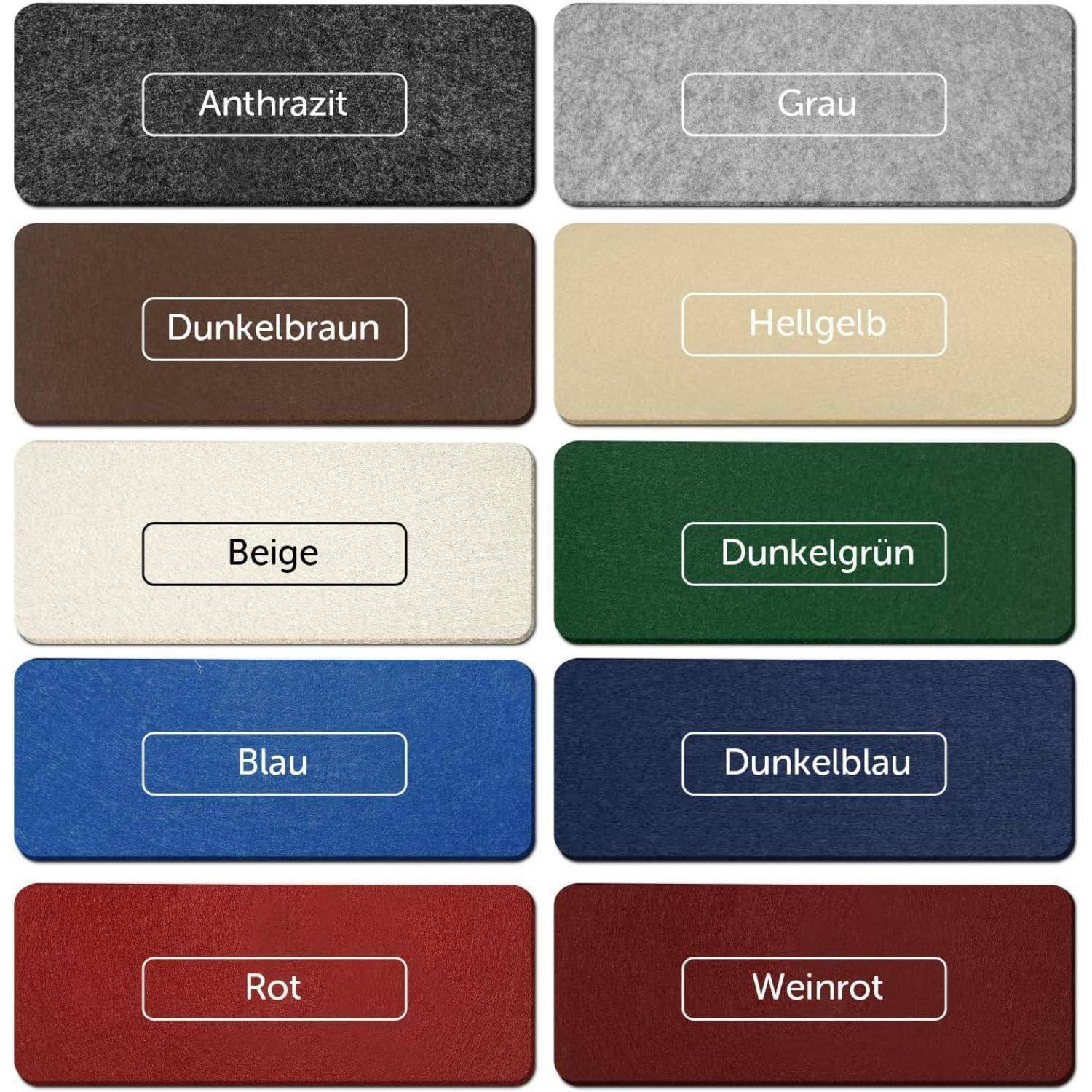 Farbmuster mit den folgenden Farbtönen in dieser Reihenfolge: 'Anthrazit', 'Grau', 'Dunkelbraun', 'Hellgelb', 'Beige', 'Dunkelgrün', 'Blau', 'Dunkelblau', 'Rot', 'Weinrot'.