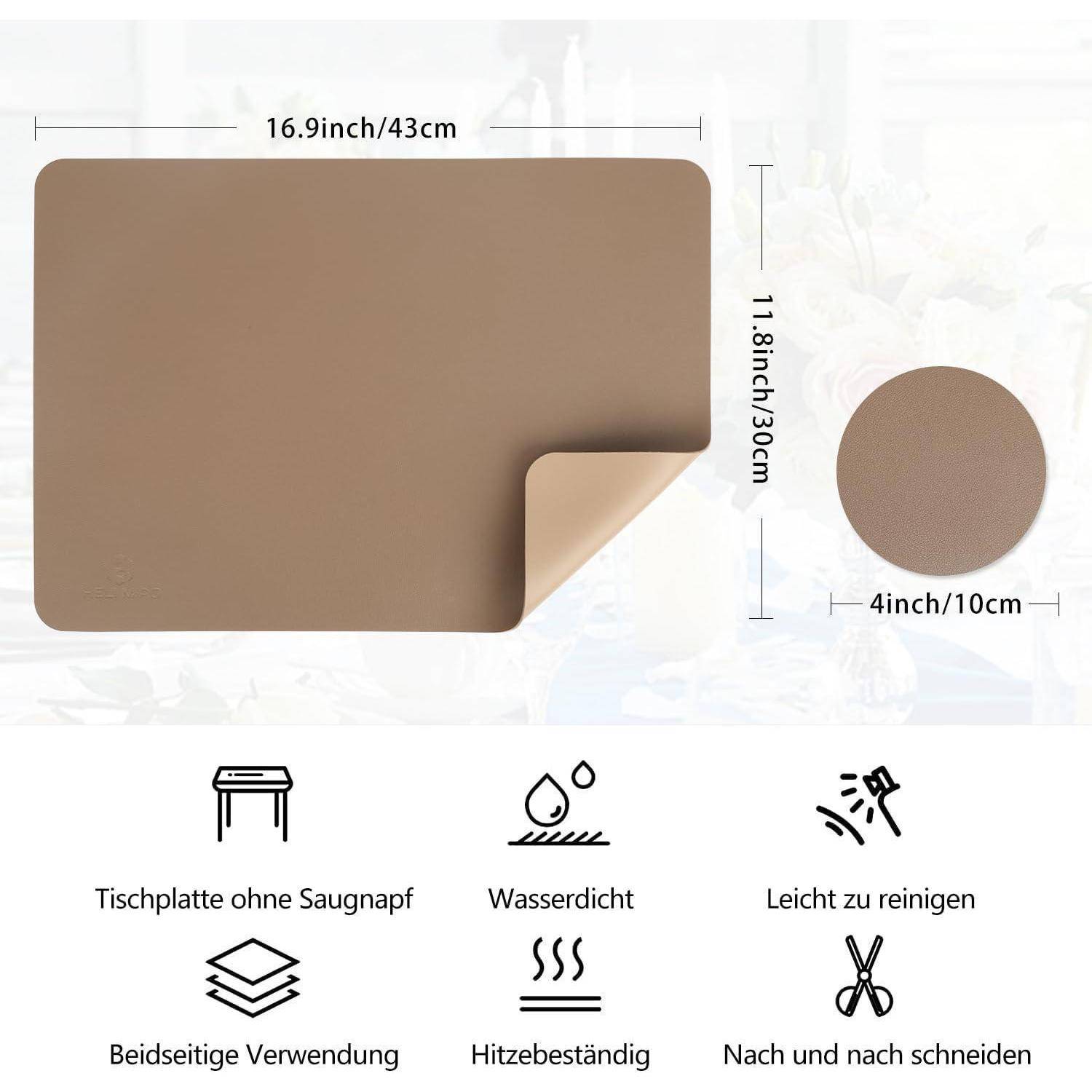 Braune Tischunterlage Abmessungen: 16,9 x 11,8 Zoll. Eigenschaften: rutschfest, wasserdicht, leicht zu reinigen, hitzebeständig, vielseitig einsetzbar.