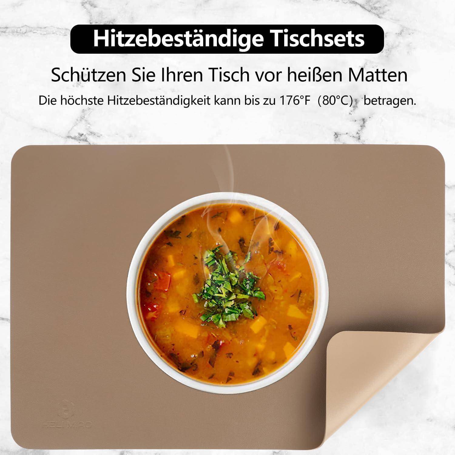 Hitzebeständige Tischunterlage mit heißer Suppenschüssel, die Tische vor heißen Speisen bis zu 176°F (80°C) schützt.