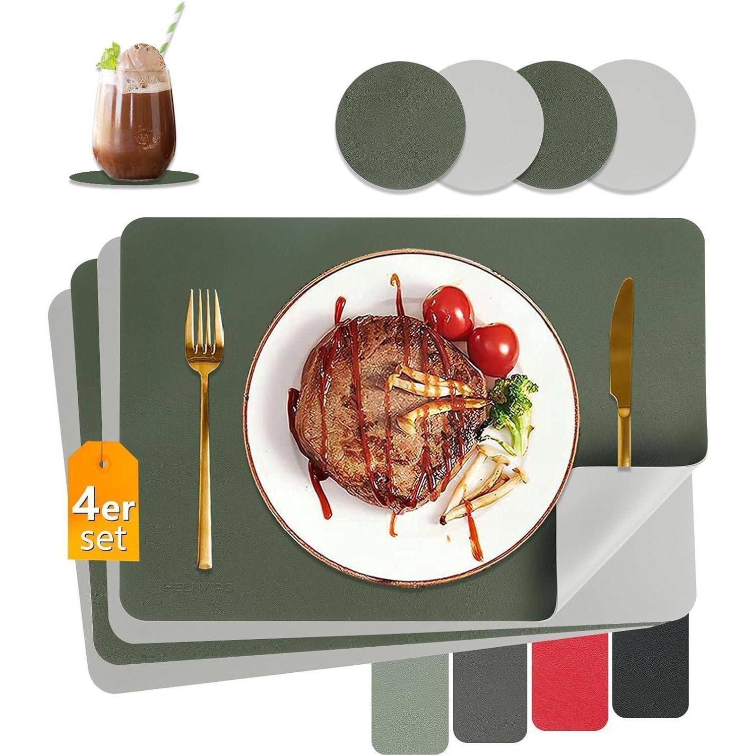 Tischsets abwaschbar Lederoptik hitzebeständig Olivgrün Grau 4