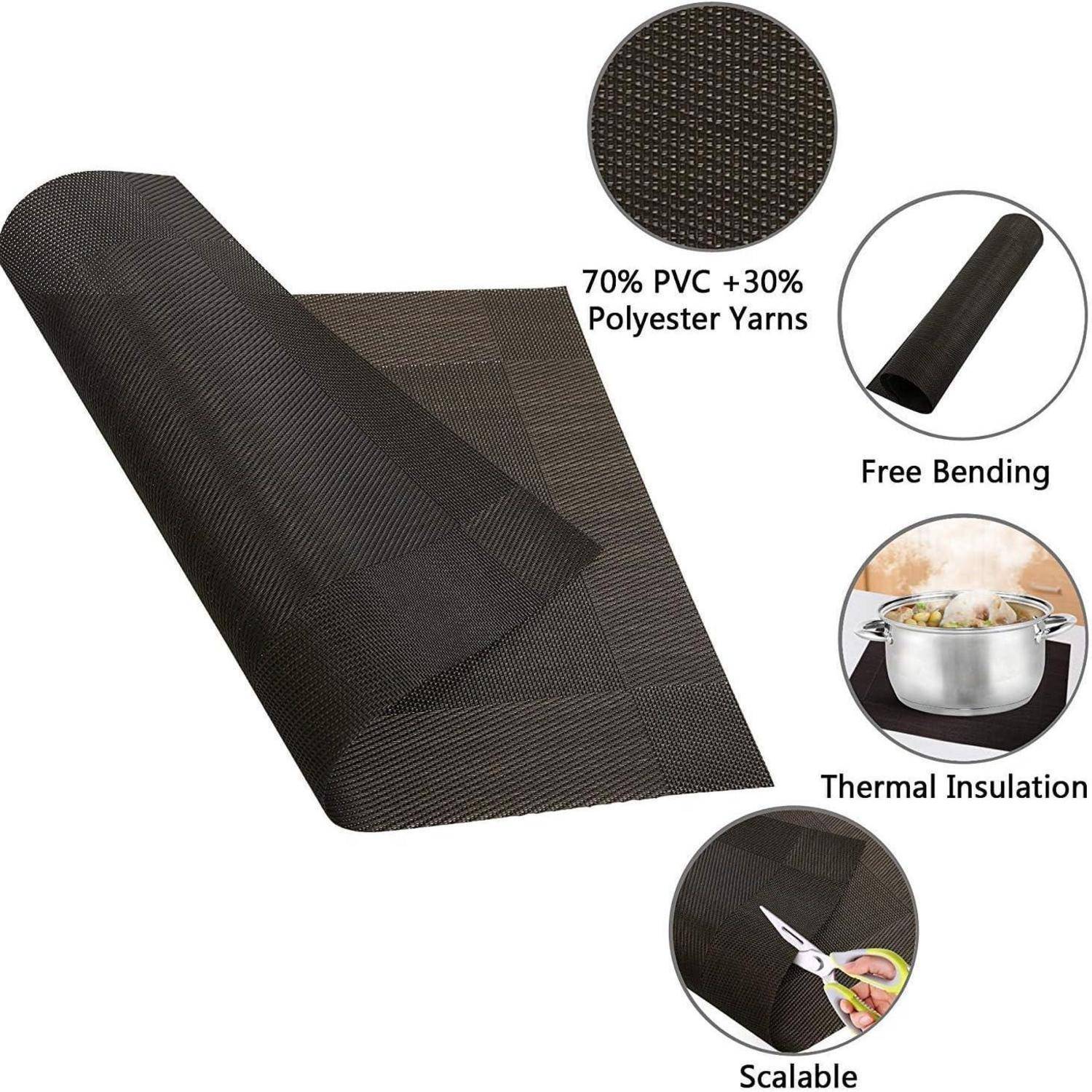 Eine schwarze Küchenmatte mit folgenden Merkmalen: '70% PVC + 30% Polyestergarne', 'Frei biegsam', 'Wärmeisolierung', 'Skalierbar'.