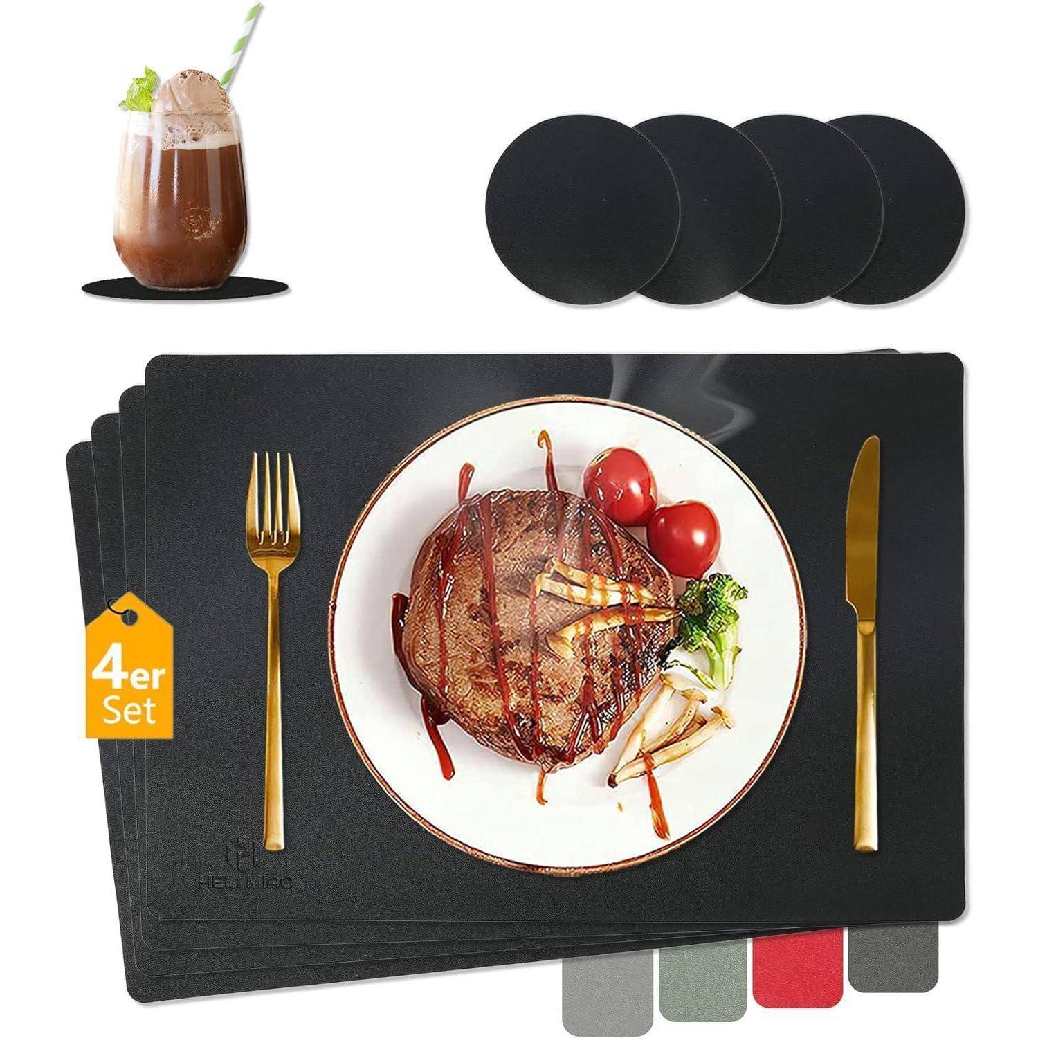 Tischsets 4erSet Leder Abwaschbar Rutschfest Schwarz 4