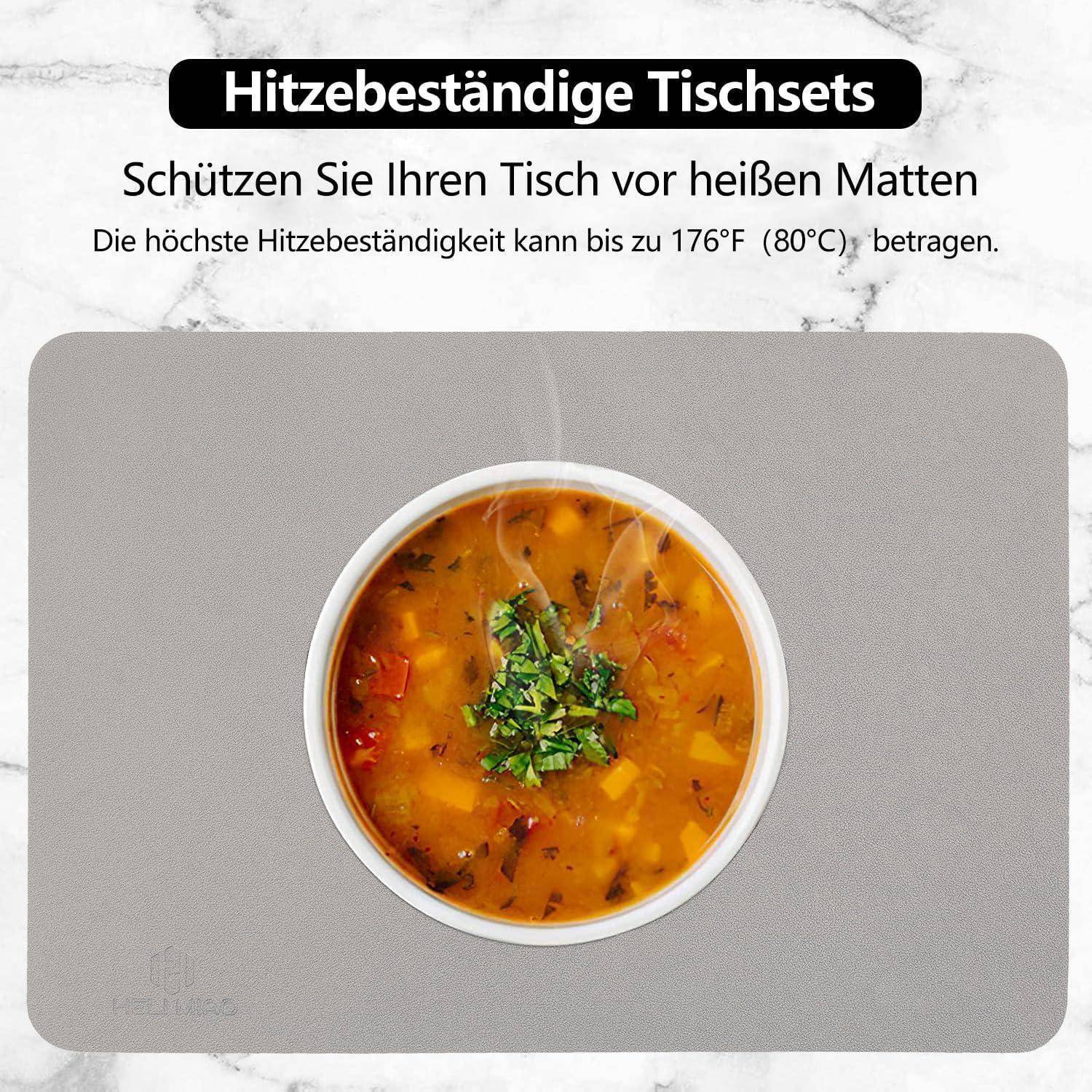 Eine Suppenschüssel auf einem hitzebeständigen Tischset. Text auf Deutsch bewirbt die Haltbarkeit des Tischsets für Oberflächen bis zu 176°F (80°C).