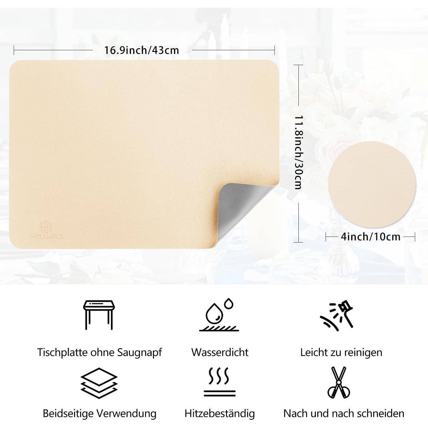 Eine beige Küchenschneidematte in der Größe 16,9x11,8 Zoll (43x30 cm), ausgestattet mit Symbolen für Wasserdichtigkeit, einfache Reinigung, Doppelseitigkeit und Hitzebeständigkeit.