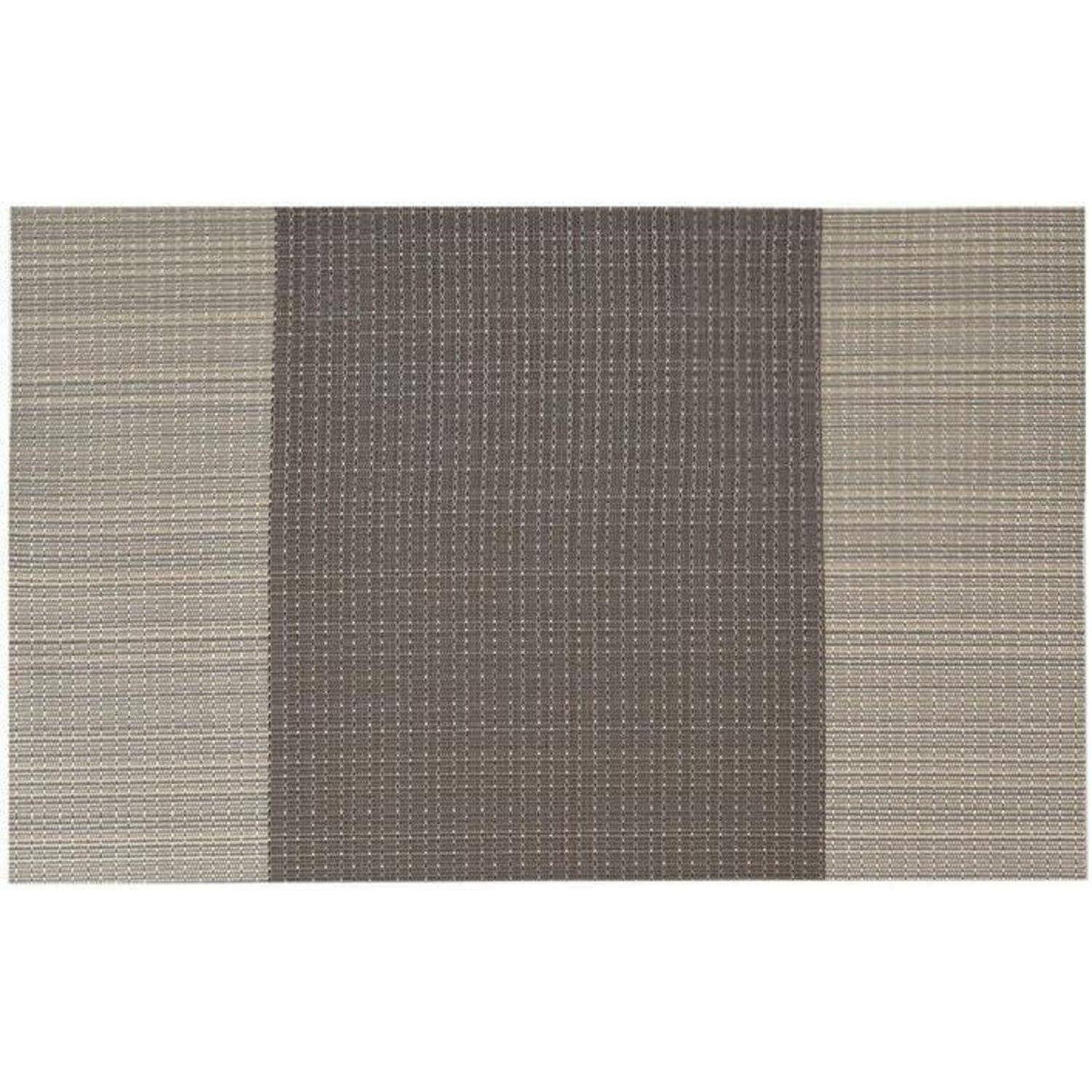 Ein gewebter Platzdeckchen mit einem zentralen, dunkelgrauen vertikalen Streifen, der von helleren grauen Streifen auf beiden Seiten flankiert wird.