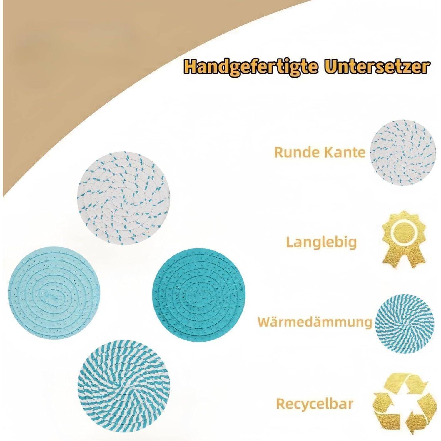Vier Untersetzer mit Spiralmustern und deutscher Beschriftung: 'Handgefertigte Untersetzer'. Merkmale umfassen 'Runde Kante', 'Langlebig', 'Wärmedämmung', 'Recycelbar'.