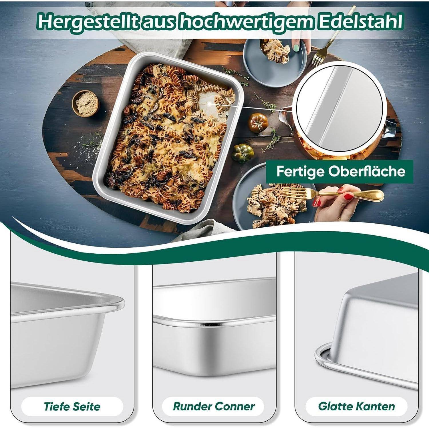 Auflaufform mit Pasta auf einem Tisch, umgeben von Tellern und Besteck. Text oben in Deutsch: 'Hergestellt aus hochwertigem Edelstahl.