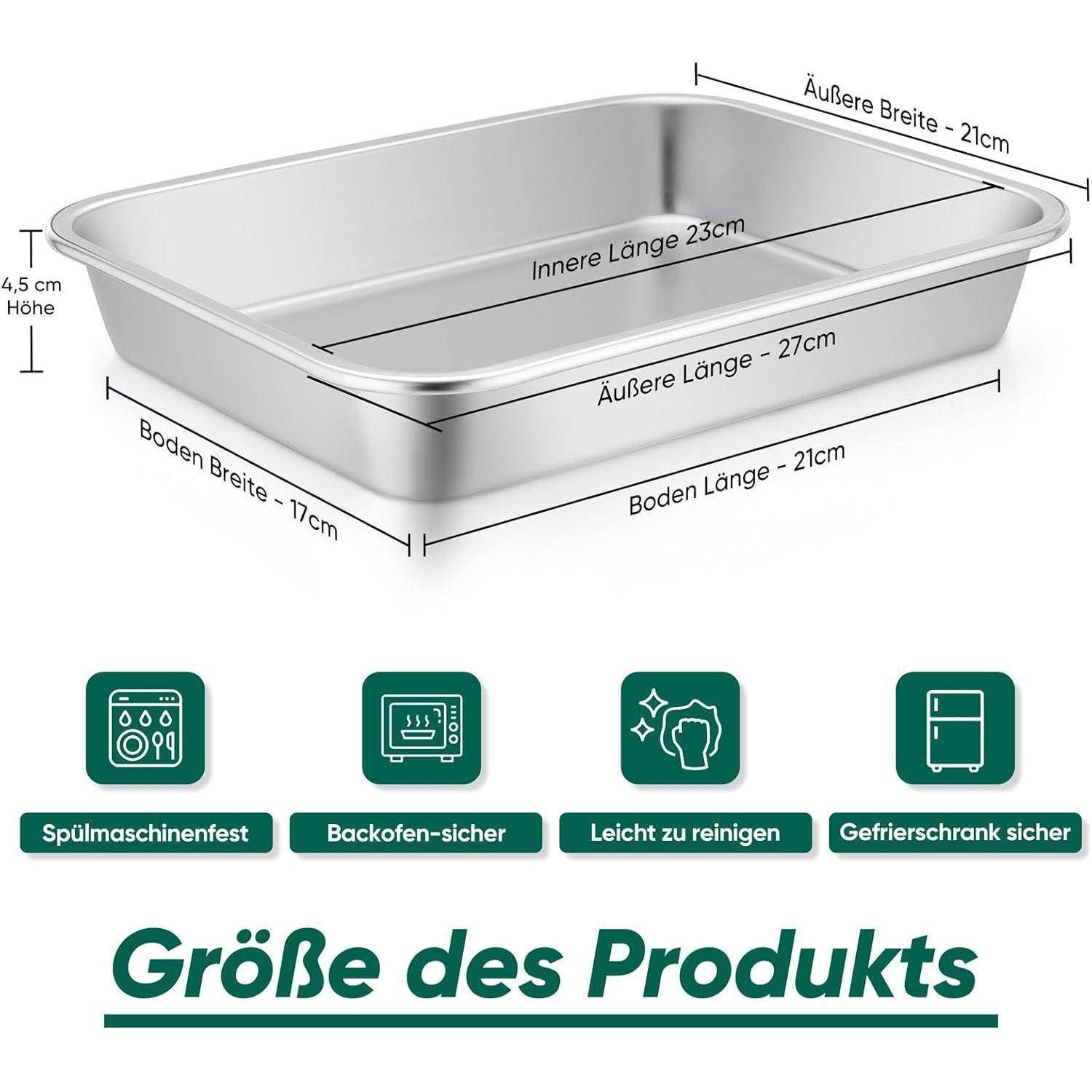 Edelstahl-Backblech Abmessungen: innere Länge 23 cm, äußere Länge 27 cm, Basisbreite 17 cm, äußere Breite 21 cm, Höhe 4,5 cm.