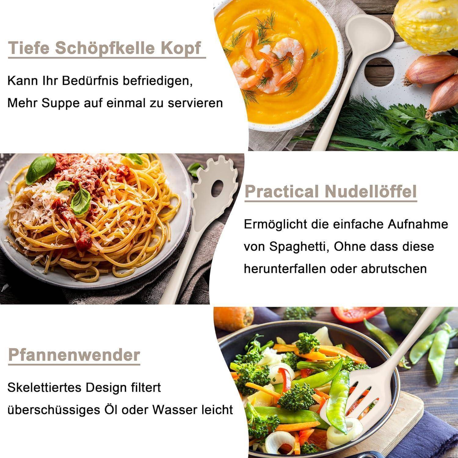 Drei beschriftete Bilder zeigen Gerichte und Küchenutensilien: Suppe in einer Schöpfkelle, Spaghetti mit einer Pastागabel und Gemüse mit einem Pfannenwender.