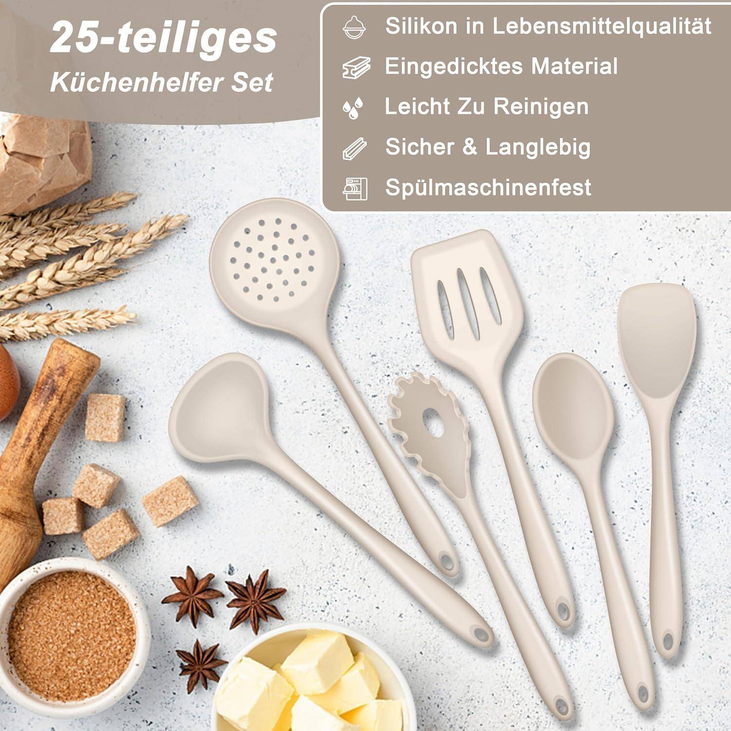 Küchenhelfer Set 25teilig Silikon Spülmaschinenfest S Haken Khaki