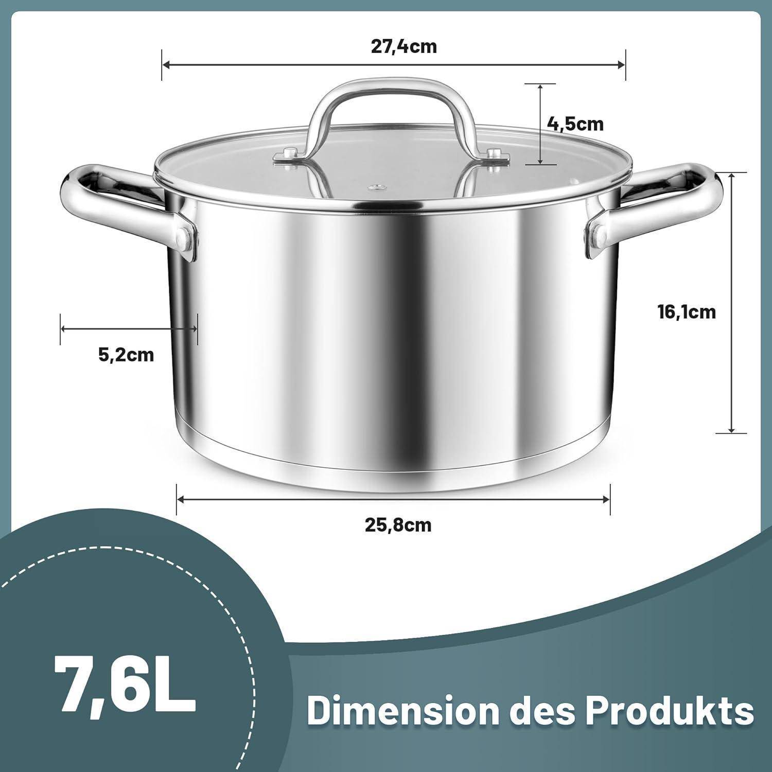 Kochtopf 26cm Induktion Edeastahl Glasdeckel 3 Lagen Boden 7,6 Liter