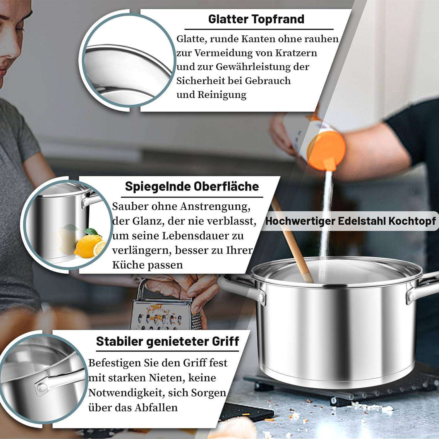 Kochtopf 26cm Induktion Edeastahl Glasdeckel 3 Lagen Boden 7,6 Liter