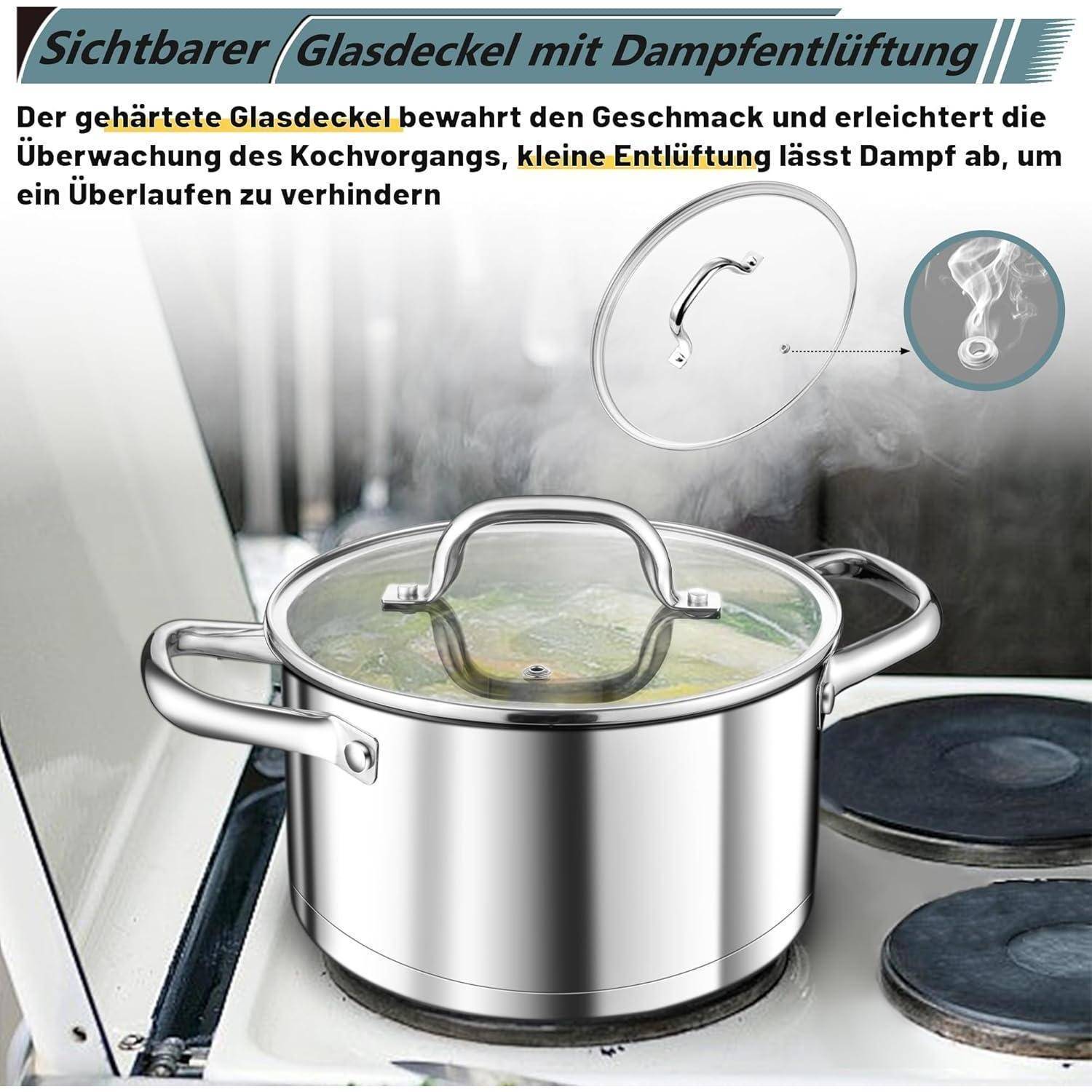 Kochtopf 26cm Induktion Edeastahl Glasdeckel 3 Lagen Boden 7,6 Liter