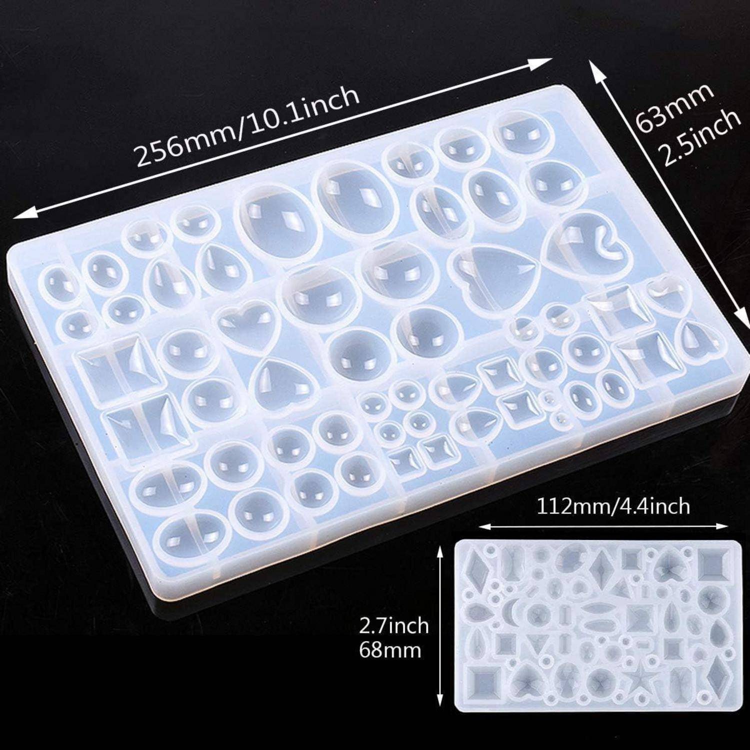 Silikonform mit verschiedenen Formen und Größen, einschließlich Kreisen, Quadraten und Herzen. Abmessungen: 256 mm x 112 mm x 63 mm (10,1 Zoll x 4,4 Zoll x 2,5 Zoll).