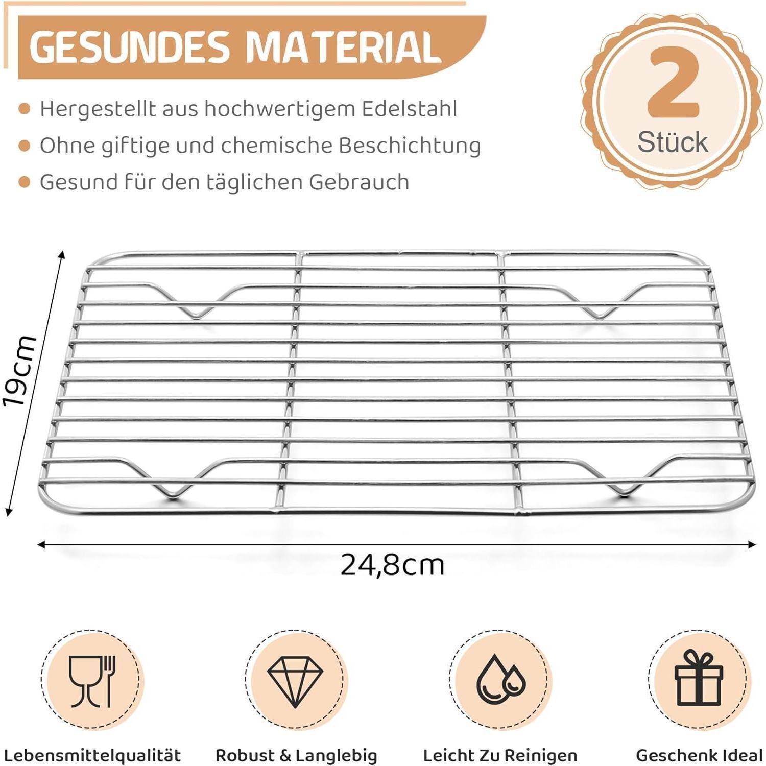 Abkühlgitter 2er Set Edelstahl Rechteckig Backgitter 24,8x19x1,5cm