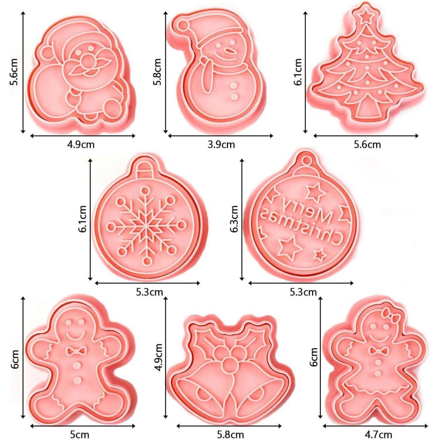 Neun rosa Ausstechformen: Weihnachtsmann, Schneemann, Weihnachtsbaum, Schneeflocke, Weihnachtskugel mit der Aufschrift 