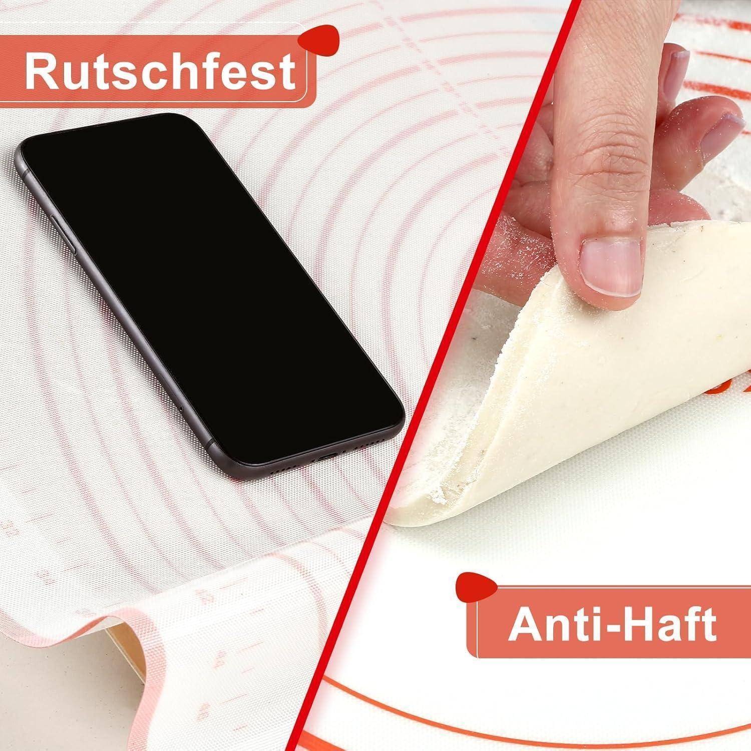 Ein geteiltes Bild, das links ein Telefon auf einer rutschfesten Backmatte mit der Aufschrift 