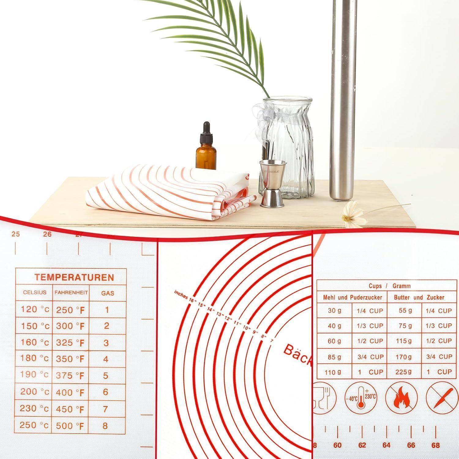 Backen-Setup mit einer Temperaturumrechnungstabelle; zeigt Umrechnungen von Celsius, Fahrenheit und Gasmarken, mit Backutensilien in der Nähe.