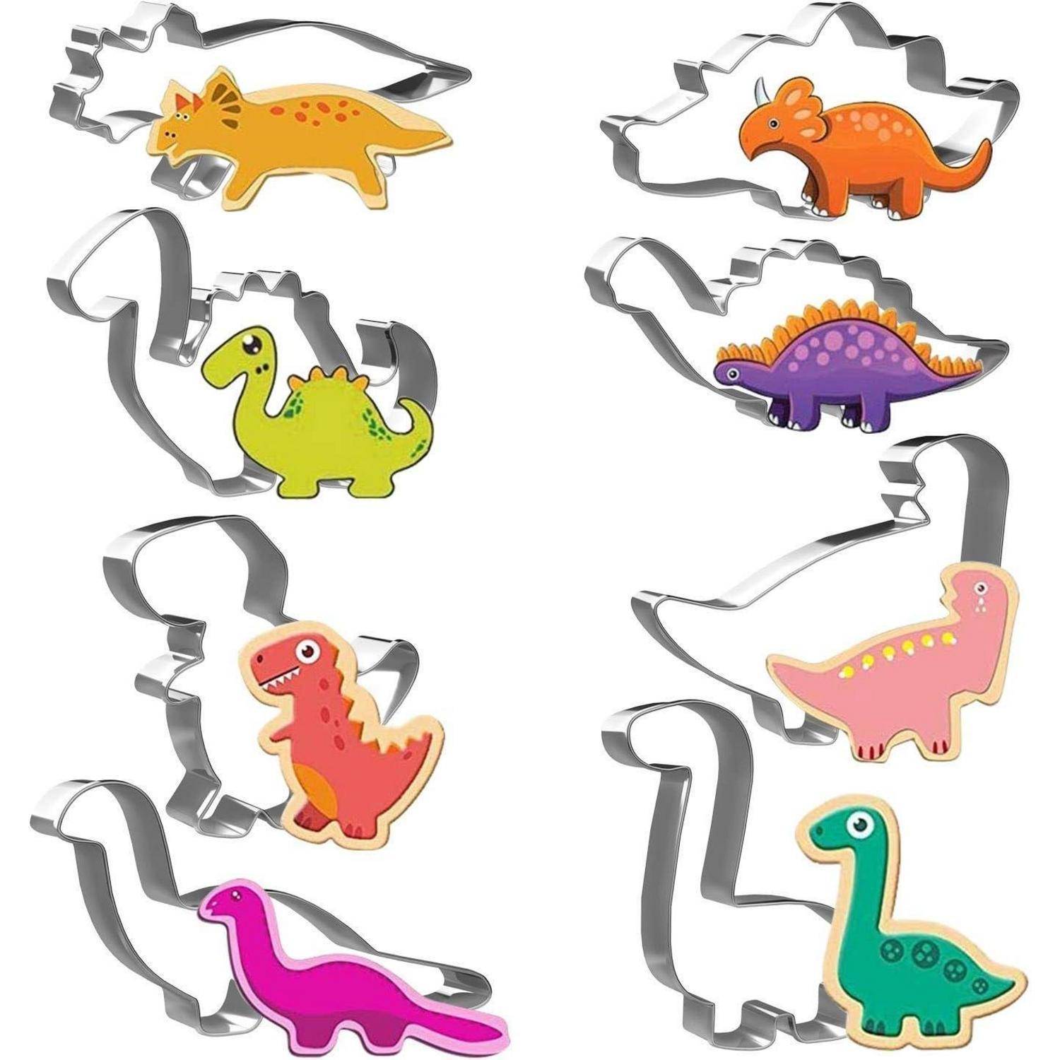 Dinosaurier-Ausstechformen mit passenden Keksen, die verschiedene Dinosaurier-Formen wie Triceratops, Stegosaurus und Brachiosaurus darstellen.