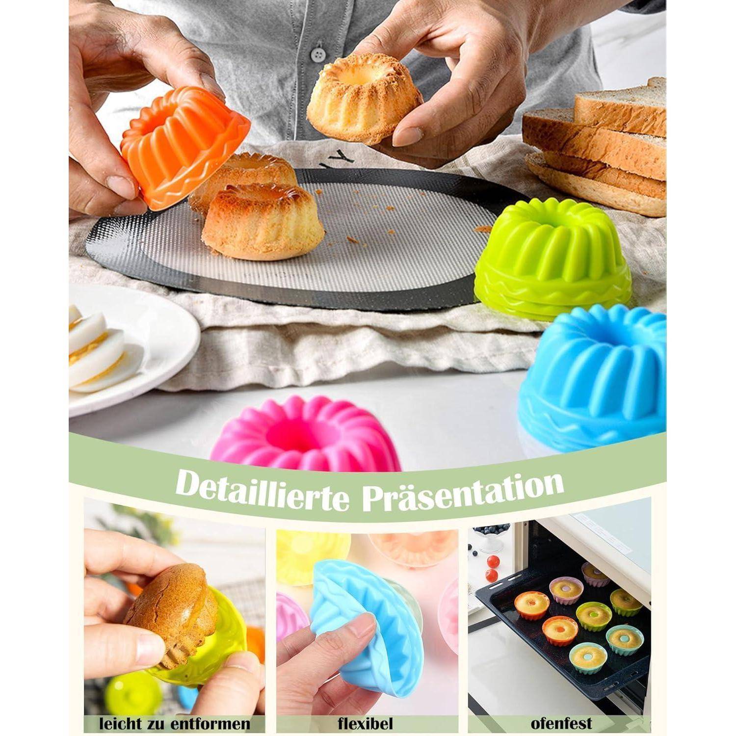 Hände nehmen kleine Bundt-Kuchen aus Silikonformen auf einem Kuchengitter. Text liest sich 