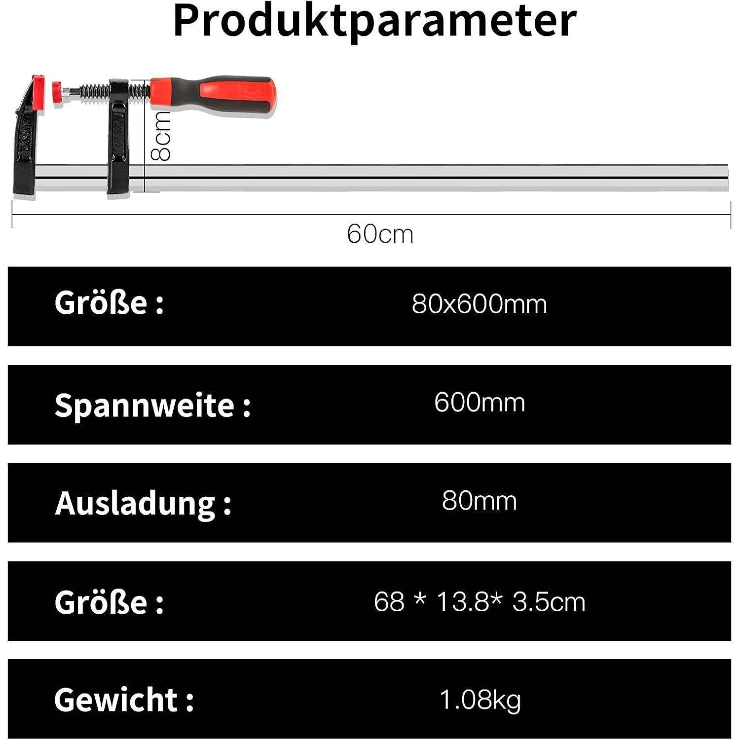 Eine Skizze zeigt eine Klemme mit den Abmessungen 80x600 mm, einer Spannweite von 600 mm und einer Ausladung von 80 mm. Abmessungen: 68*13,8*3,5 cm, Gewicht: 1,08 kg.