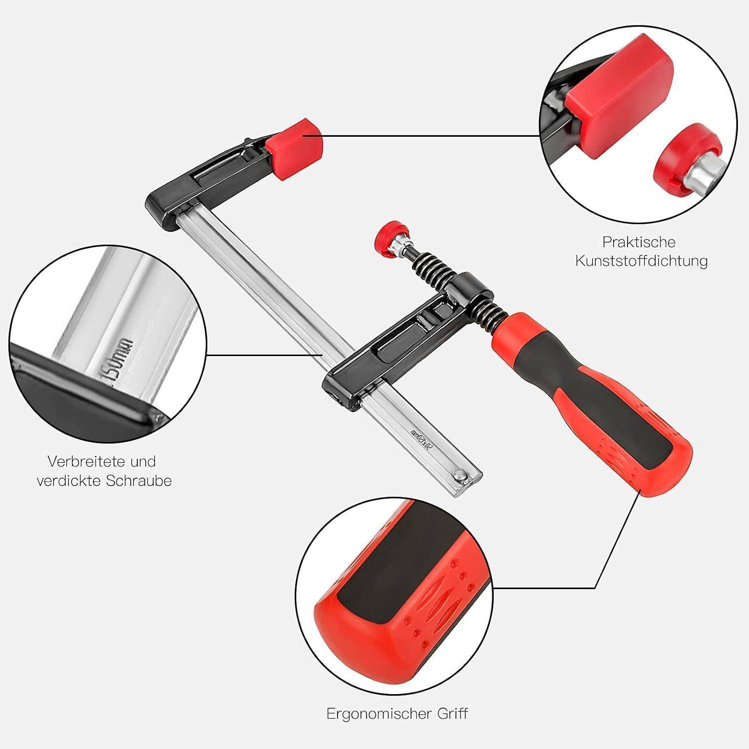 Eine Metallklemme mit einem roten ergonomischen Griff wird gezeigt. Kreisförmige Einblendungen heben Merkmale hervor: eine verbreiterte Schraube, eine praktische Kunststoffdichtung und Griffdetails.