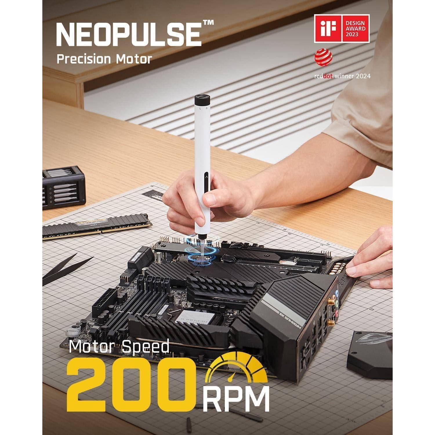Eine Person benutzt ein Werkzeug auf einer Computerplatine, wobei der Text ‚NEOPULSE Präzisionsmotor' und ‚Motorgeschwindigkeit 200 U/min' angezeigt wird.