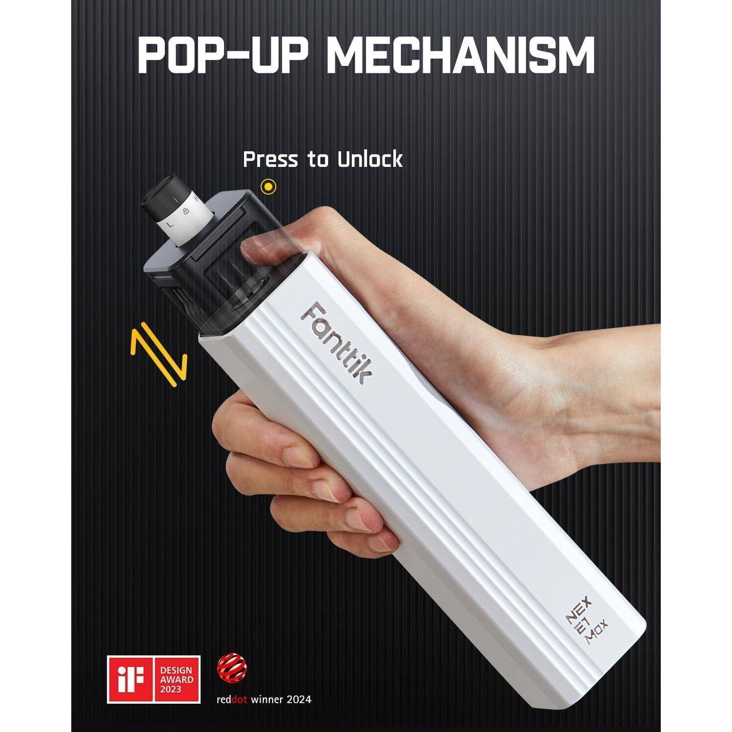 Eine Person hält ein weißes Gerät mit der Aufschrift 'Fontik' mit einer Ausklapp-Mechanismus-Funktion. Der Text lautet 'Zum Entriegeln drücken'. Design-Award-Logos sind sichtbar.