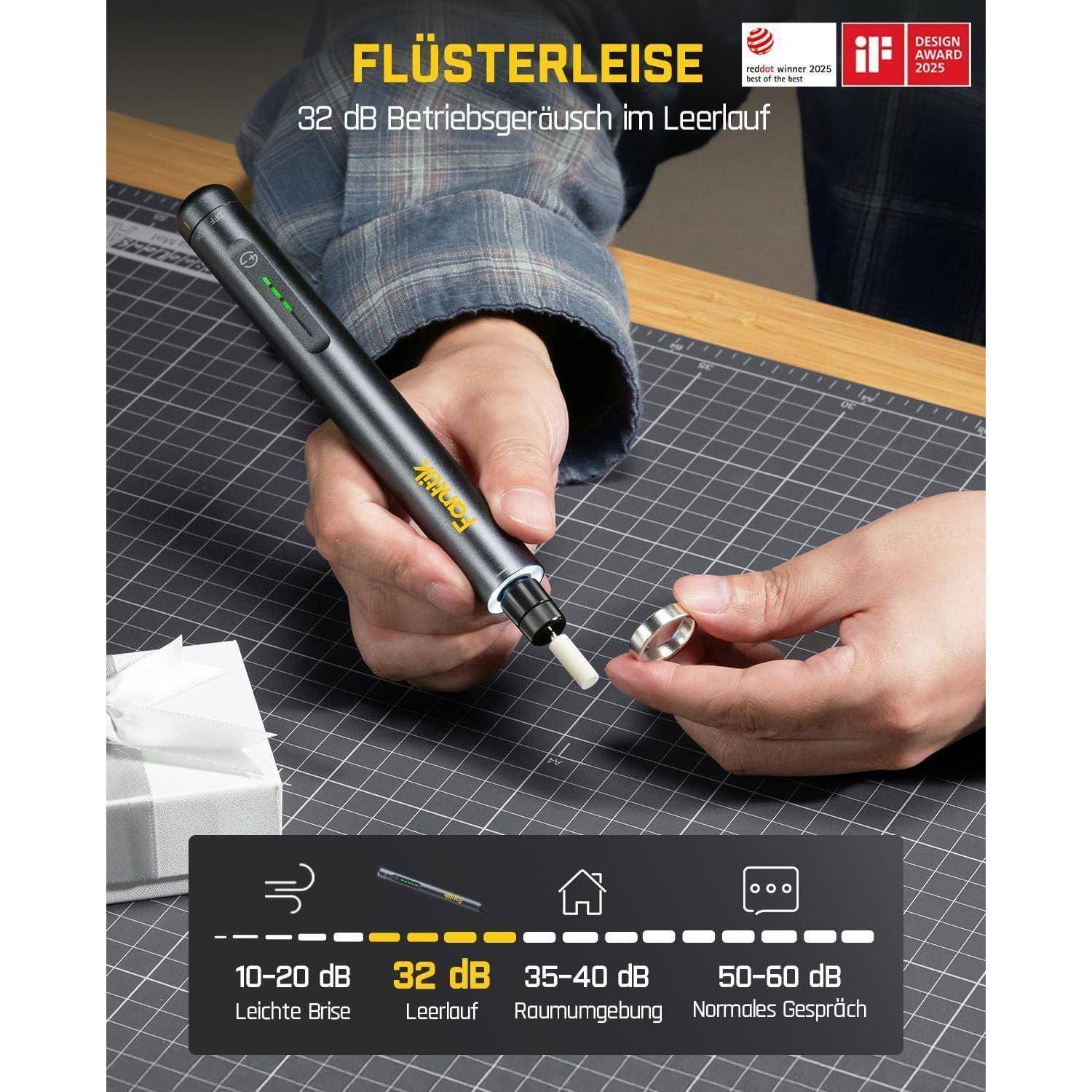 Person, die ein schwarzes, stiftähnliches Dentaltool in einer Laborumgebung hält. Der Text hebt '32 dB Betriebsgeräusch im Leerlauf' hervor und deutet auf einen leisen Betrieb hin.