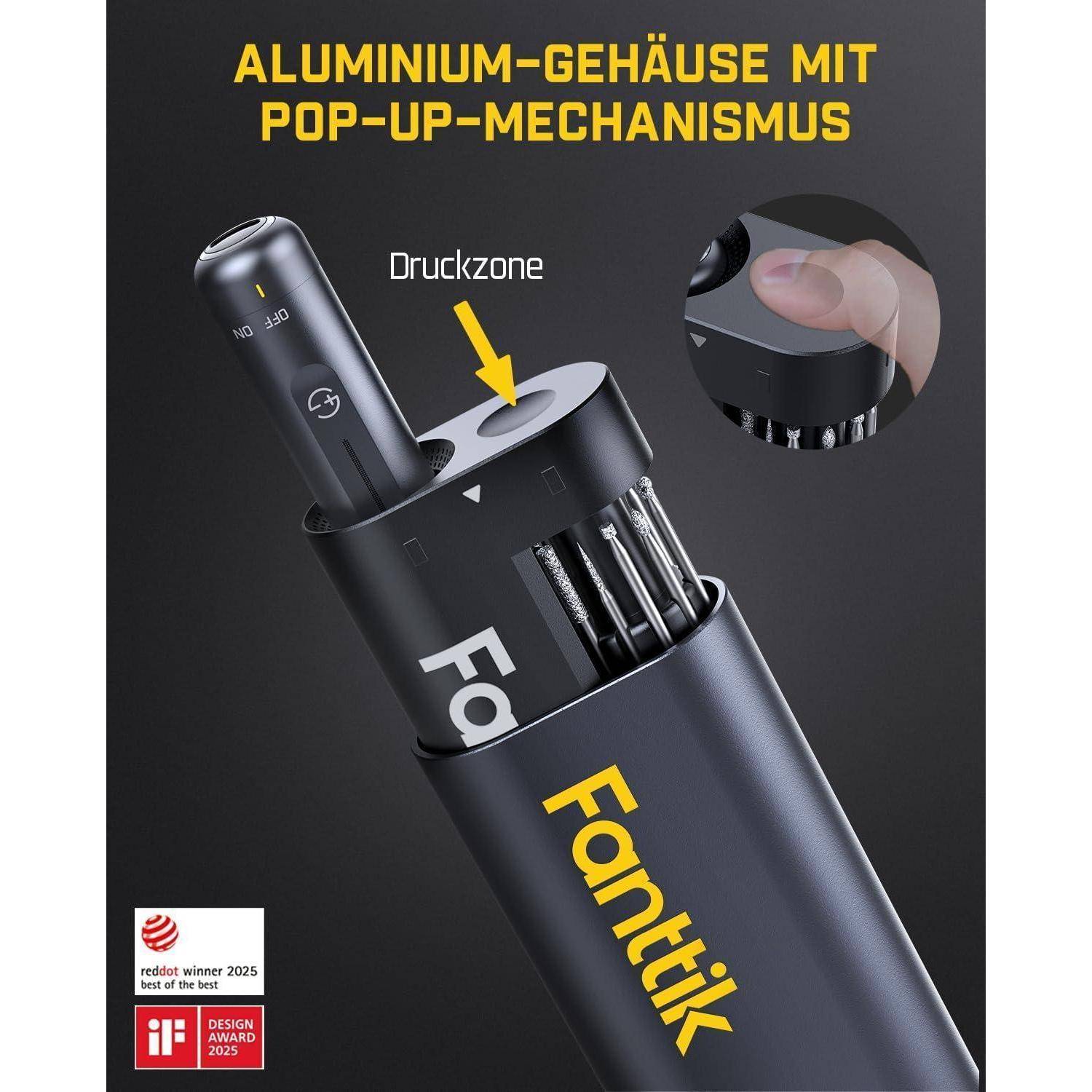 Ein Stift mit Aluminum-Gehäuse, mit der Aufschrift 'Fanttik', verfügt über einen Ausfahrmechanismus. Ein Pfeil zeigt auf die 'Druckzone' (Druckbereich).