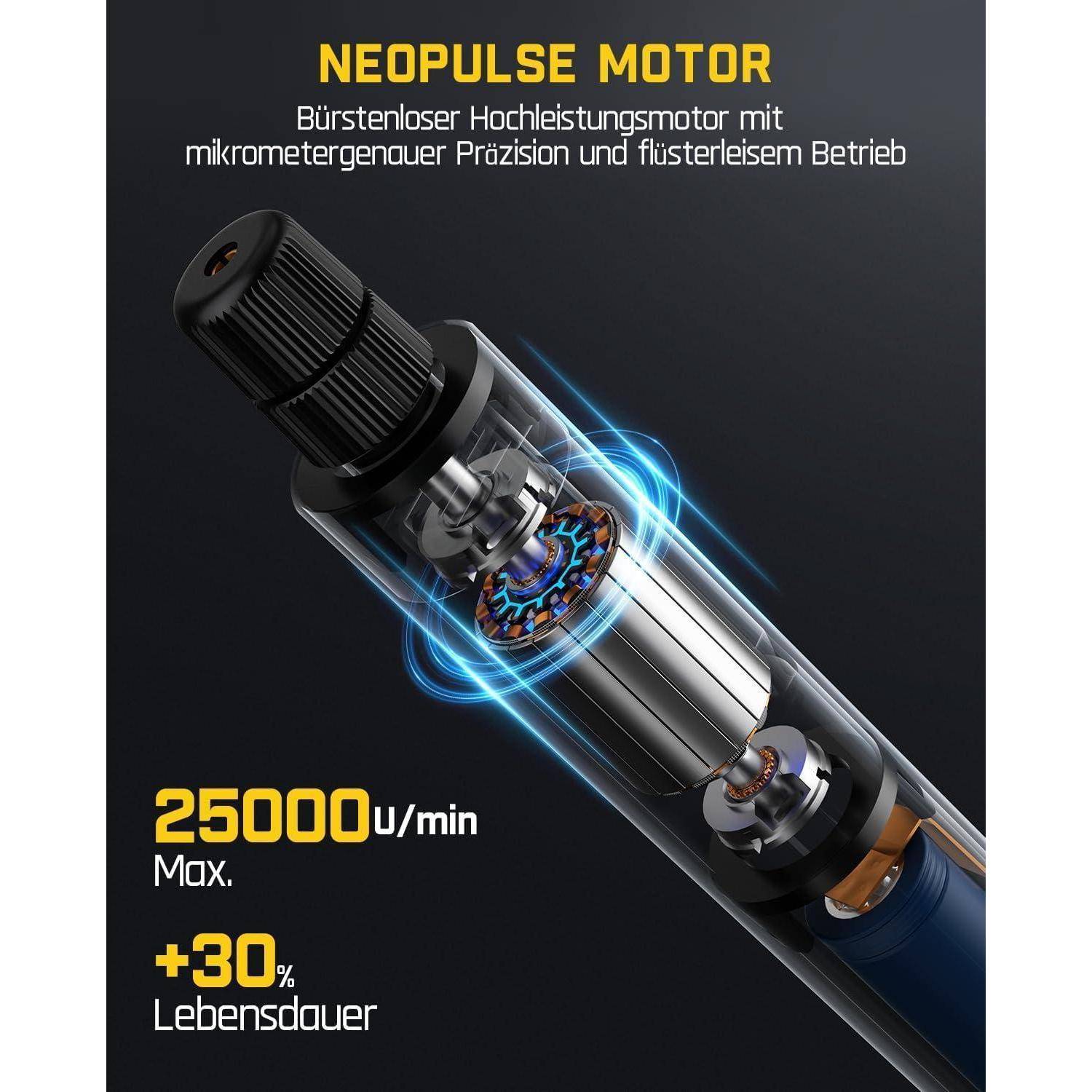 NEOPULSE MOTOR' über einem detaillierten Bild eines Hochleistungsmotors mit Spezifikationen: 25.000 U/min max, +30% Lebensdauer, Präzisionskonstruktion.