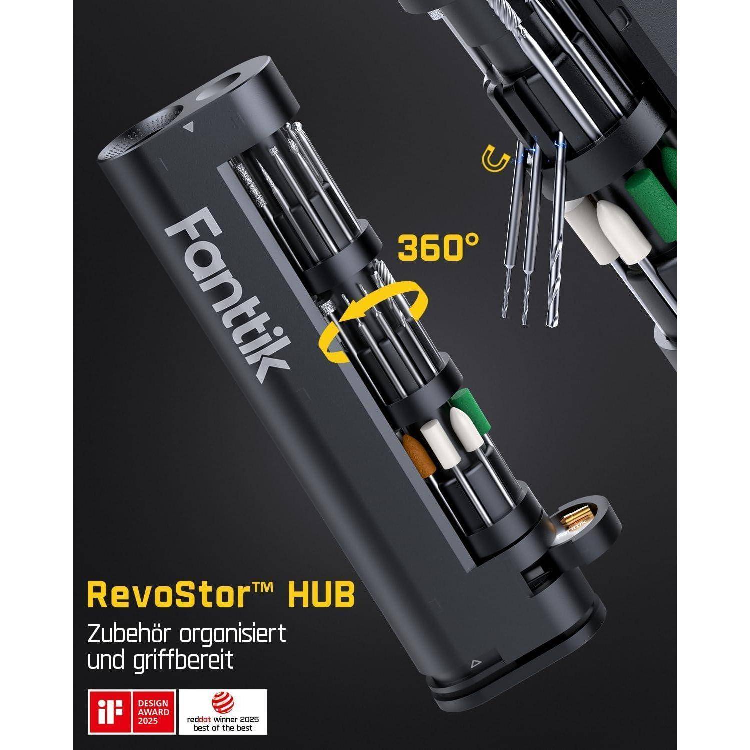Ein Werkzeugorganizer mit mehreren Fächern für Bohrereinsätze und Zubehör, mit dem Titel 'RevoStor HUB', mit dem Text 'Zubehör organisiert und griffbereit'.
