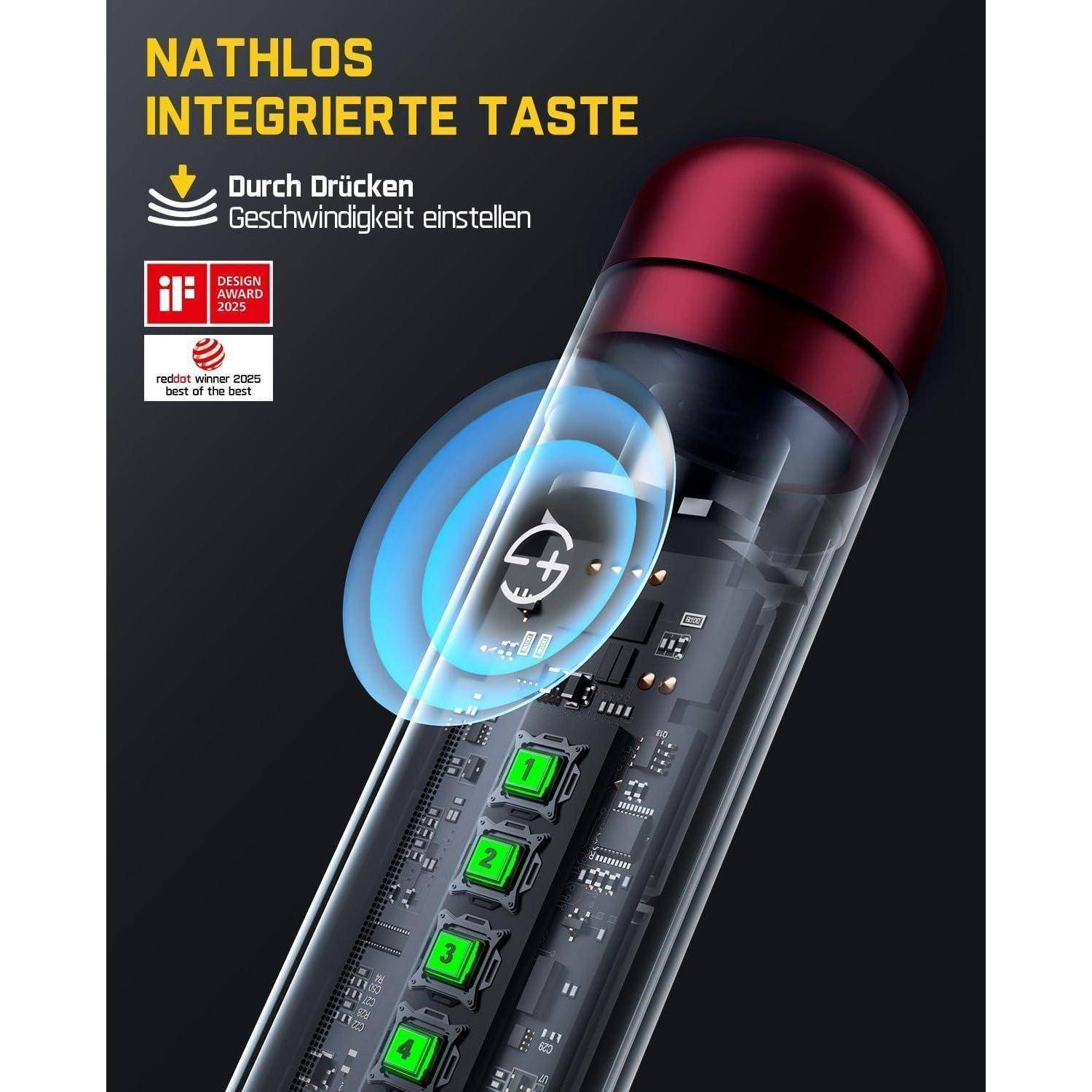 Eine Nahaufnahme eines Geräts mit Tasten und einer roten Kappe, auf dem der Text 