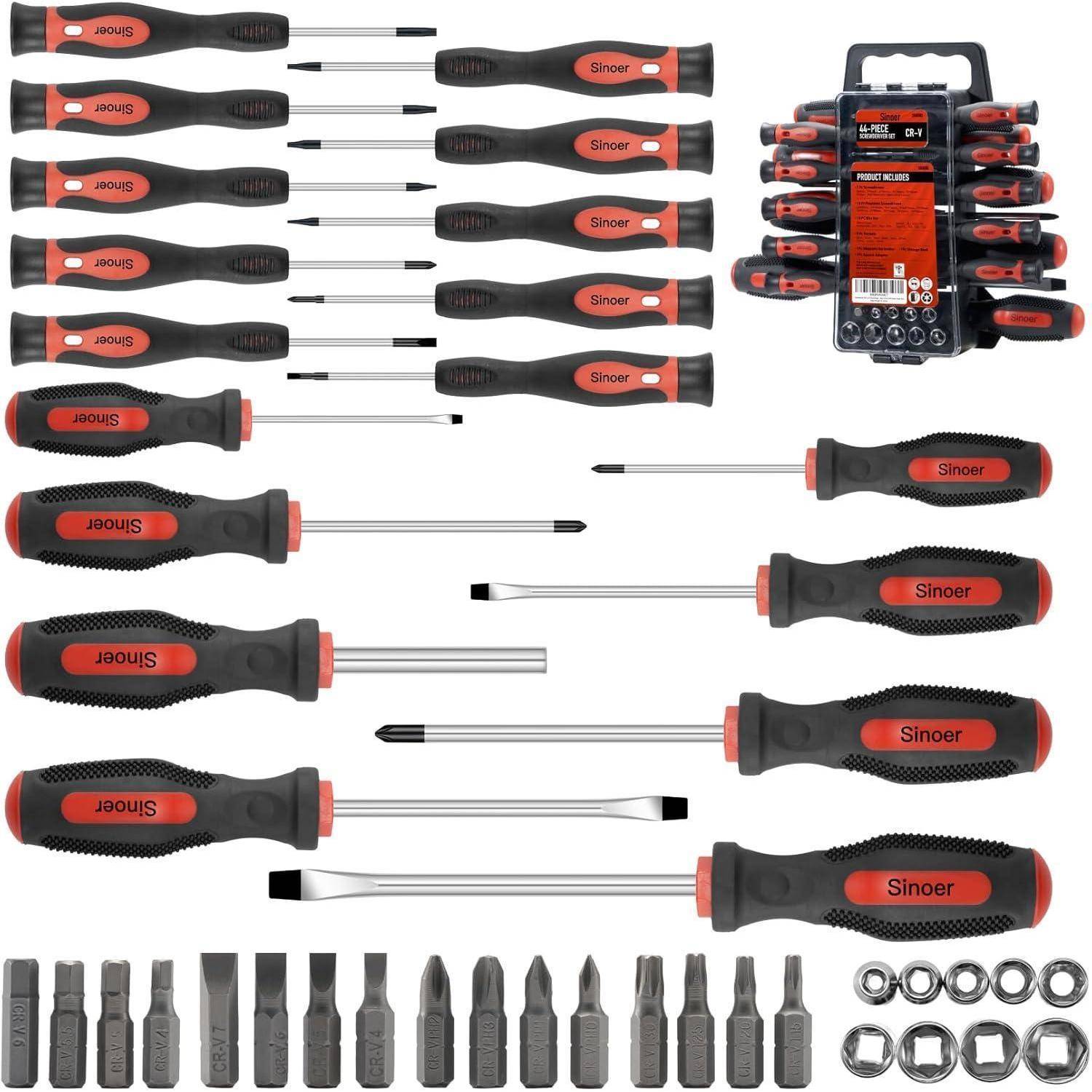 Schraubendreher-Set mit verschiedenen Klingentypen, ergonomischen Griffen und unterschiedlichen Bitköpfen. Inklusive magnetischem Halter zur Organisation.