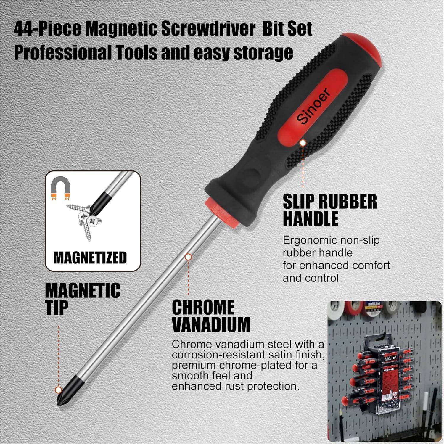 44-teiliges Magnetisches Schraubendreher-Bit-Set mit rutschfestem Gummigriff, magnetischer Spitze und Chrom-Vanadium-Stahl für verbesserten Komfort und Stabilität.