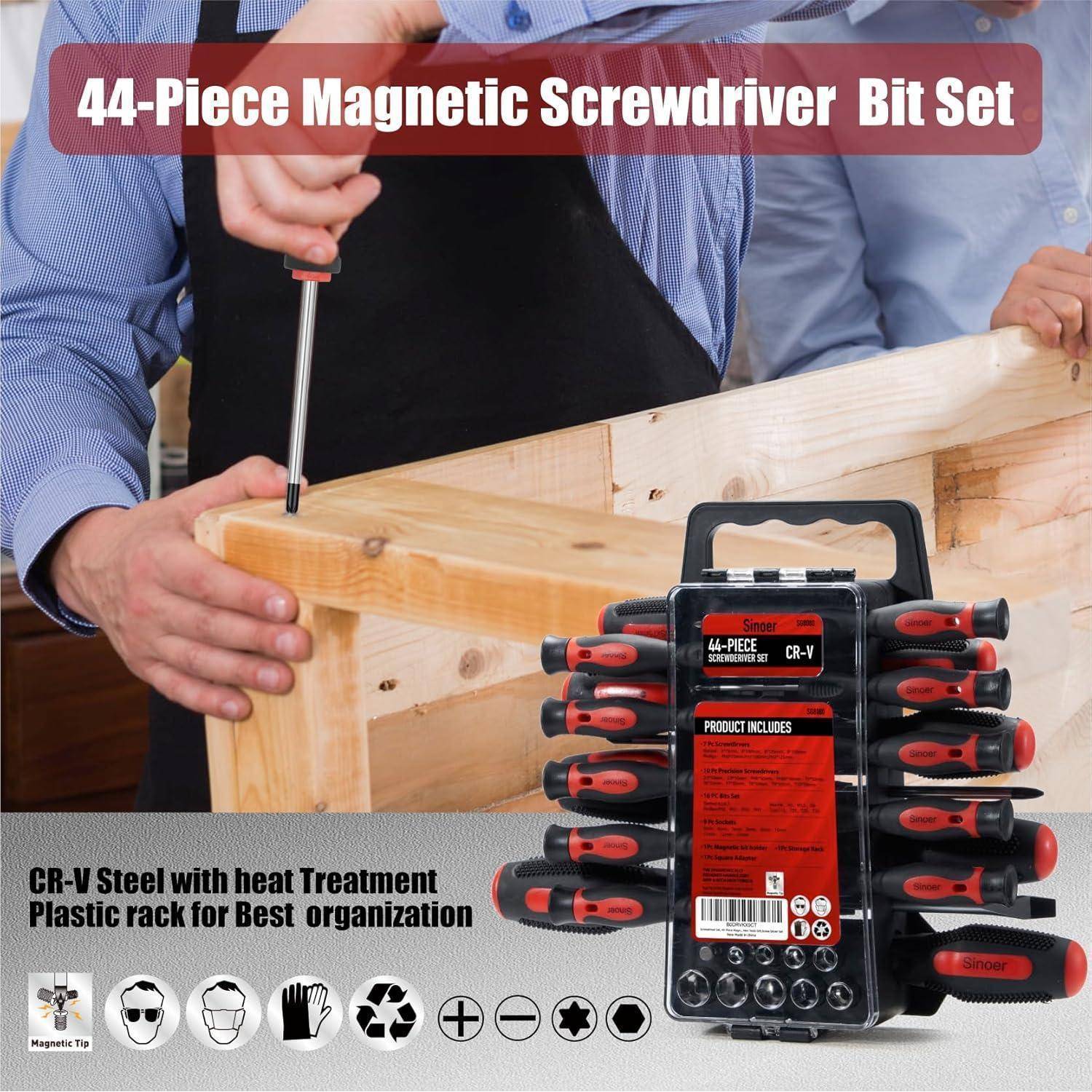 44-teiliges magnetisches Schraubenziehereinsatz-Set mit einer Hand, die einen Schraubendreher auf Holz verwendet. Enthält CR-V-Bits und eine Aufbewahrungsbox zur Organisation.