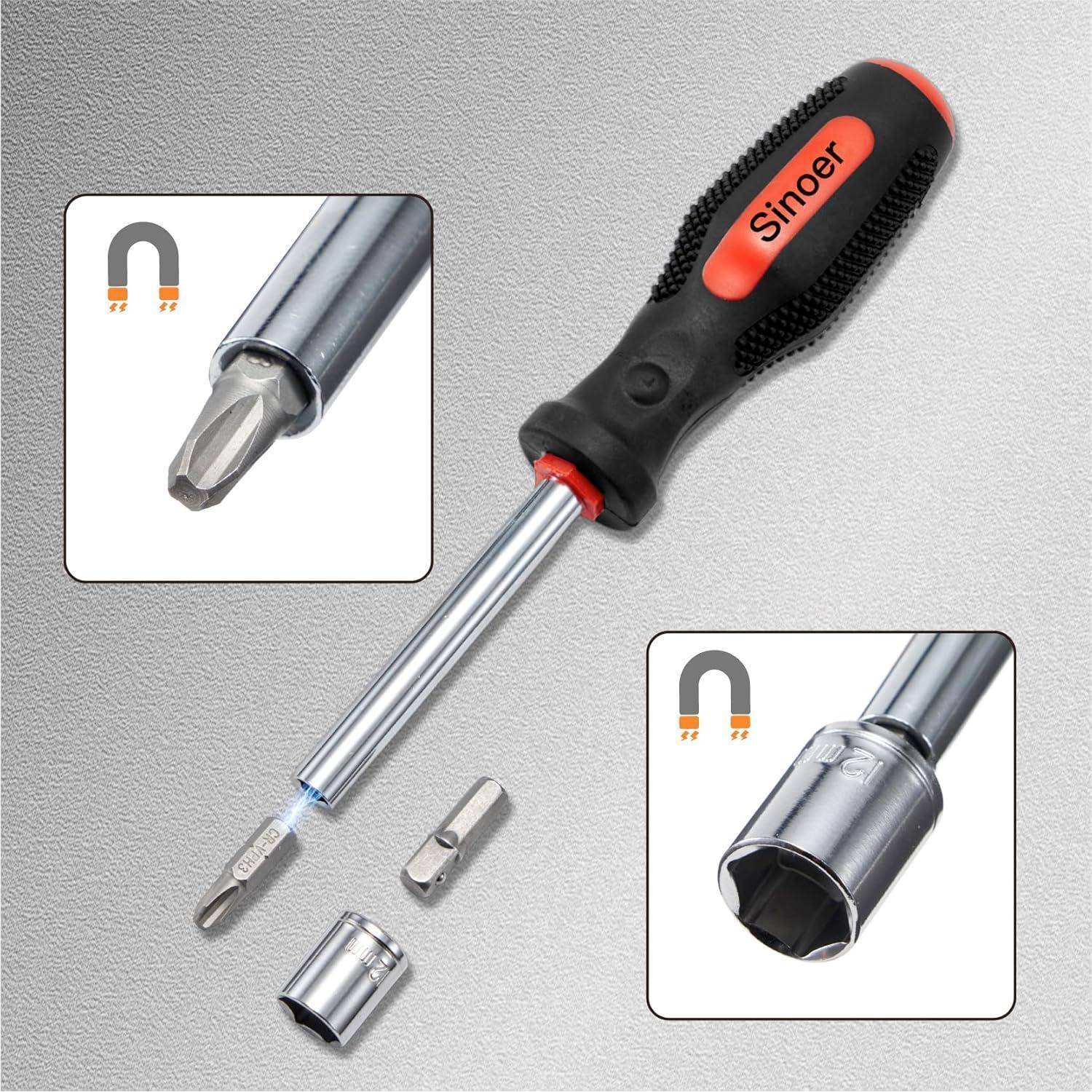 Magnetschraubendreher-Set mit einem schwarzen und roten Griff, austauschbare magnetische Spitzen in Einblendungen gezeigt, einschließlich eines Schlitz- und Sechskantaufsatzes.