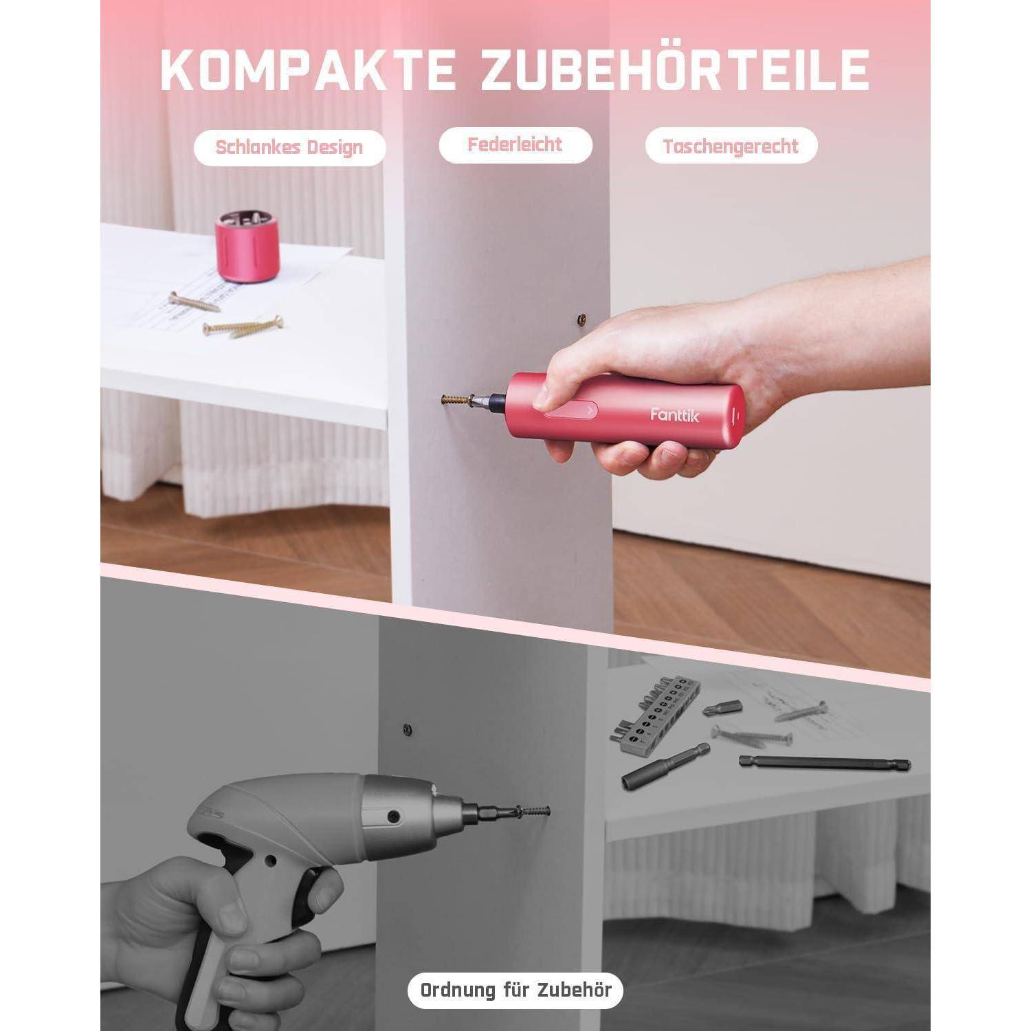 Eine Hand bedient einen kompakten, rosa elektrischen Schraubendreher der Marke 'Fantic' auf einem weißen Panel. Der Hintergrund zeigt eine moderne Raumgestaltung.