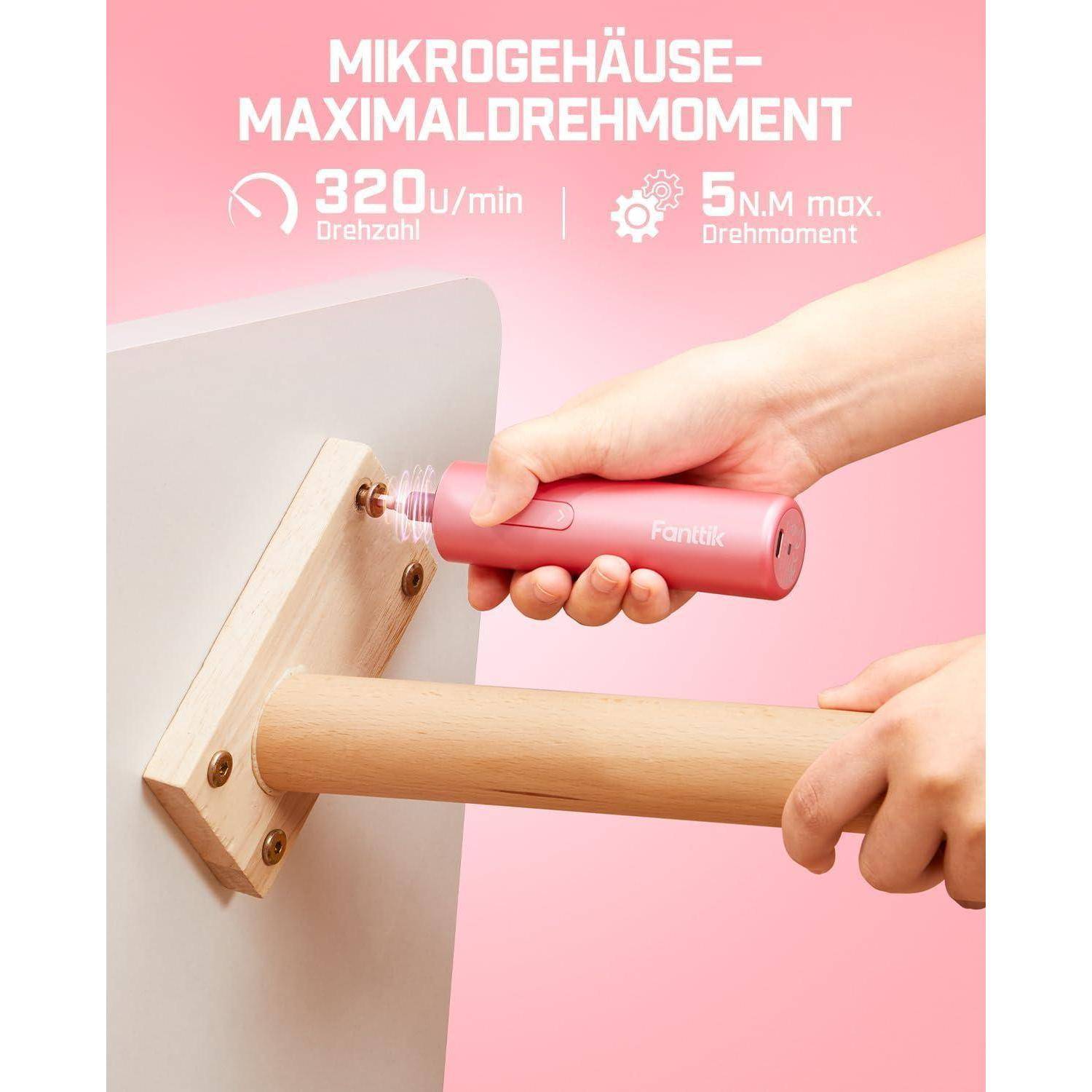 Eine Hand benutzt einen pinken Elektroschrauber an einem Holzbrett. Der Text hebt '320 U/min' und '5 N.m max.' hervor und betont dabei die Drehmomentspezifikationen.