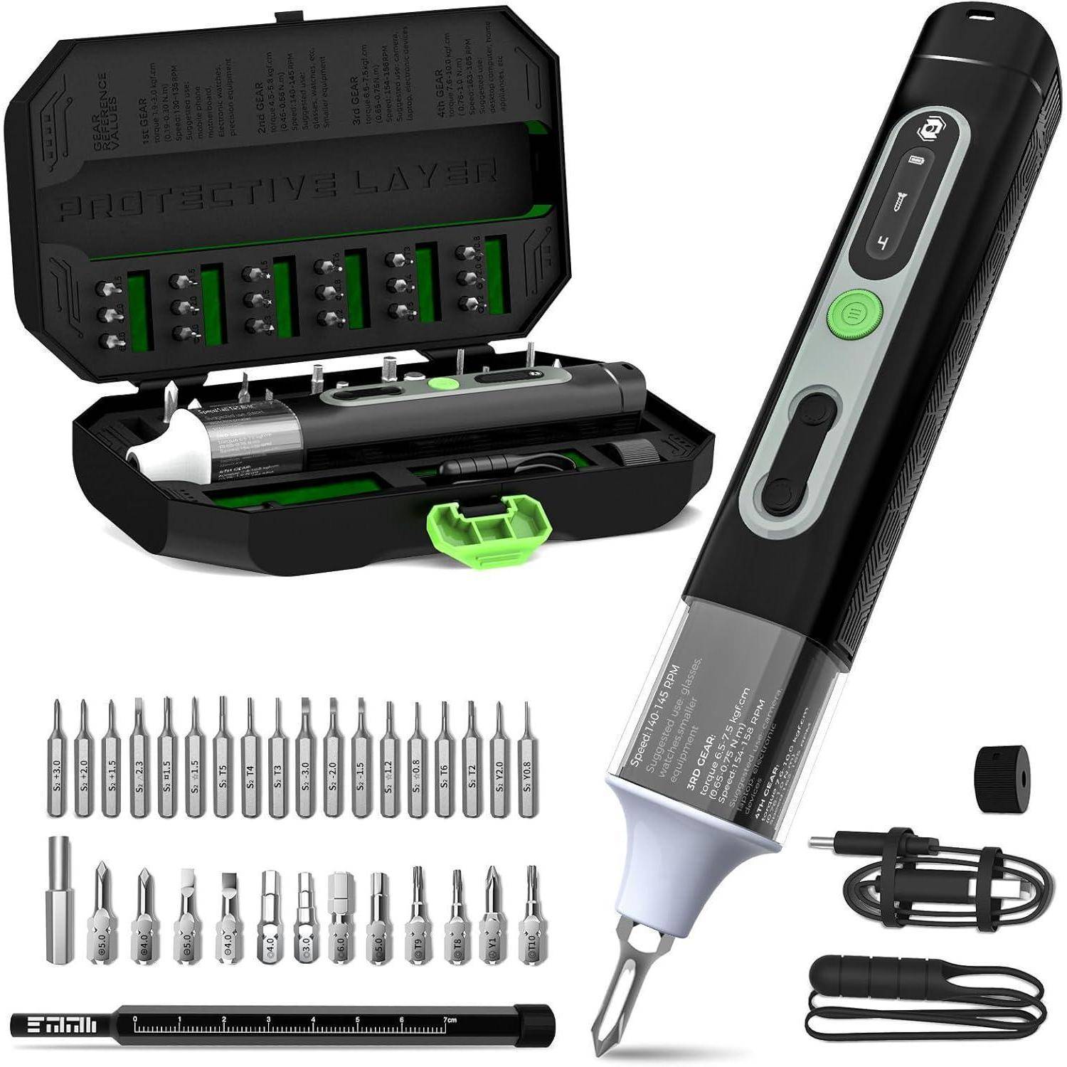 Elektrischer Präzisions-Schraubendreher-Satz mit mehreren Bits, USB-Ladekabel und Koffer. Funktionen umfassen Drehmomenteinstellungen und LED-Licht.