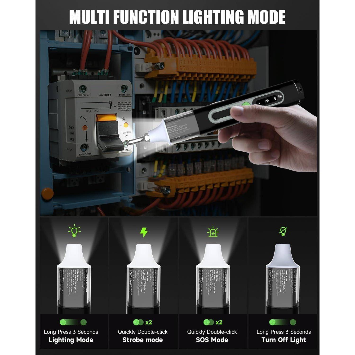Eine Hand, die eine Multifunktions-Taschenlampe in der Nähe einer Elektrotafel verwendet. Die Taschenlampe verfügt über Funktionen: Beleuchtung, Blinklicht, SOS, Ausschalten.