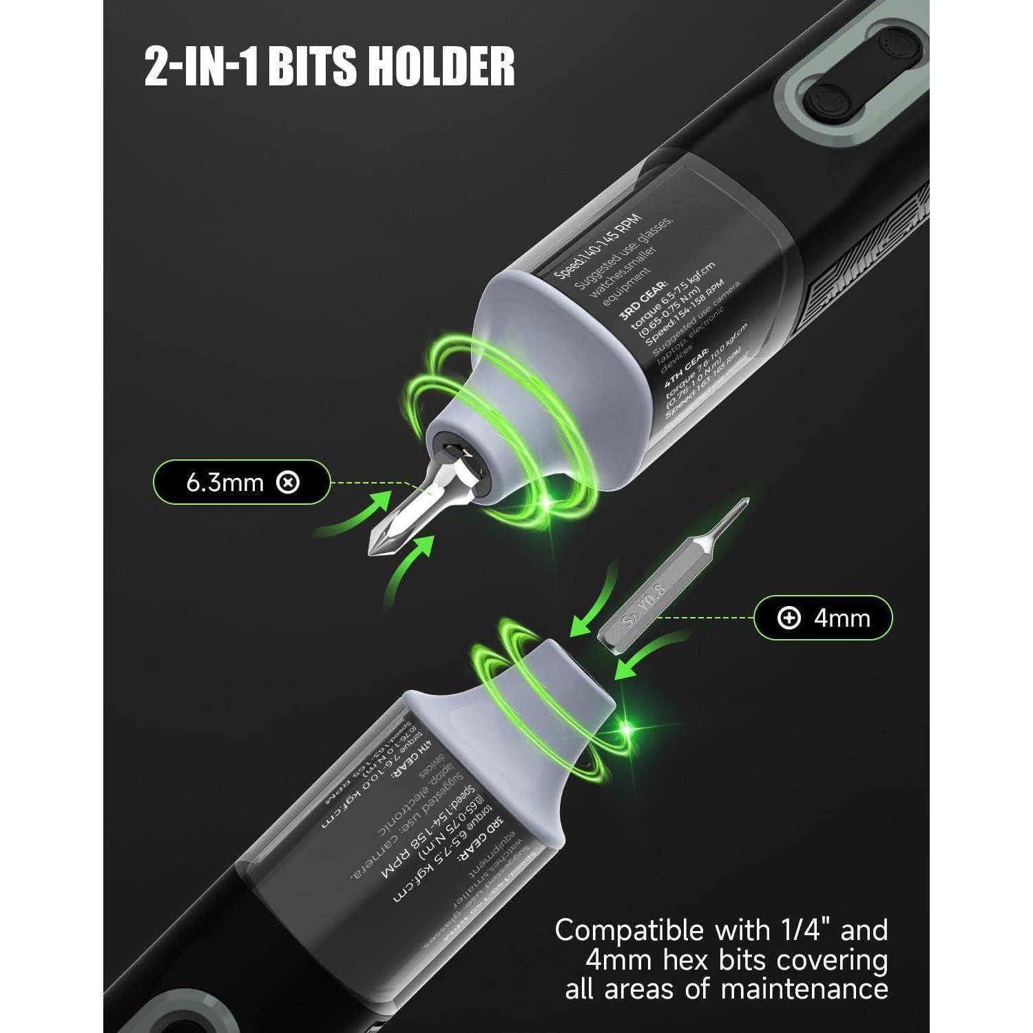 Schraubendrehen mit 2-in-1-Bithalter, der austauschbare 6,3 mm und 4 mm Sechskant-Bitaufnahmen zeigt, kompatibel mit 1/4