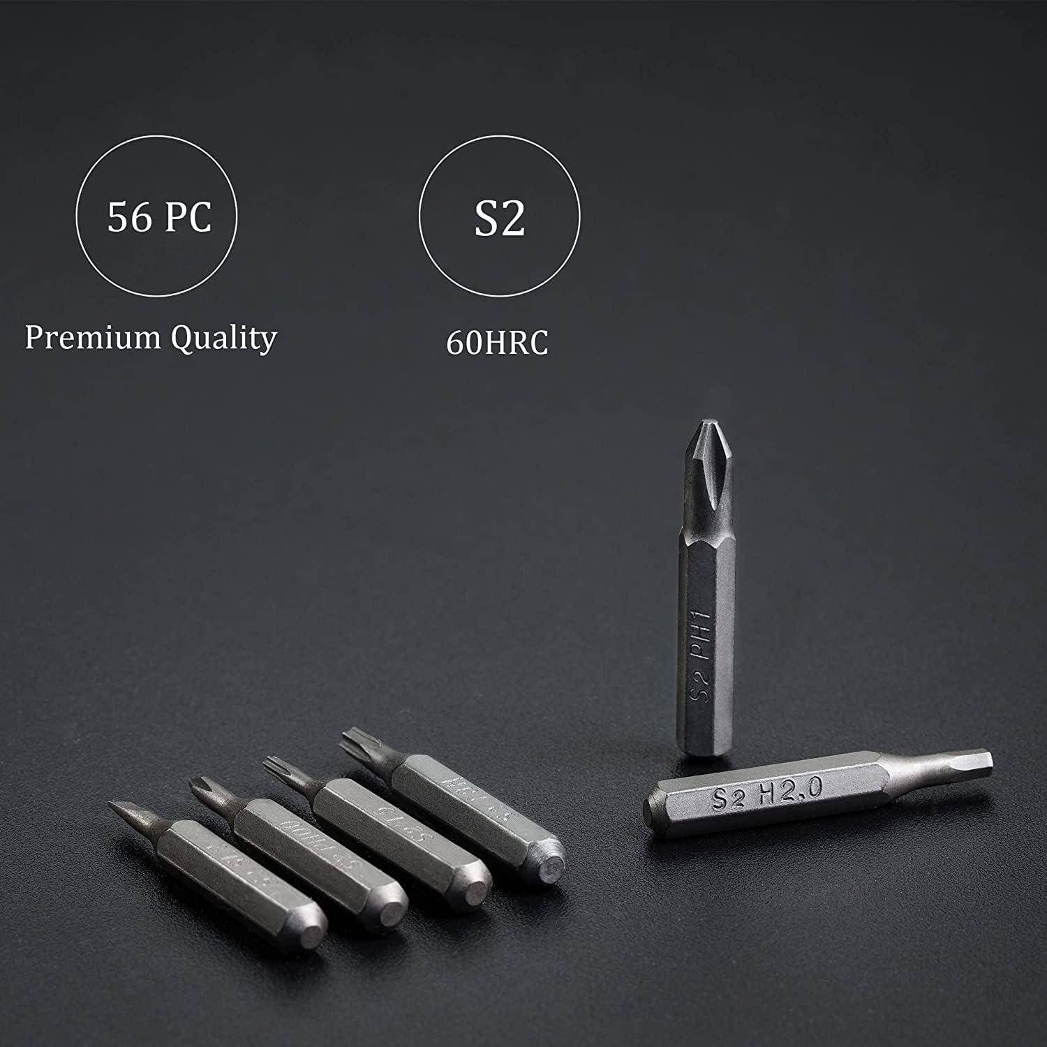 Text mit '5' und '56 PC Premium Quality 60HRC' über sechs Schraubenzieherbits auf dunklem Hintergrund. Ein Bit steht aufrecht, die anderen liegen flach.