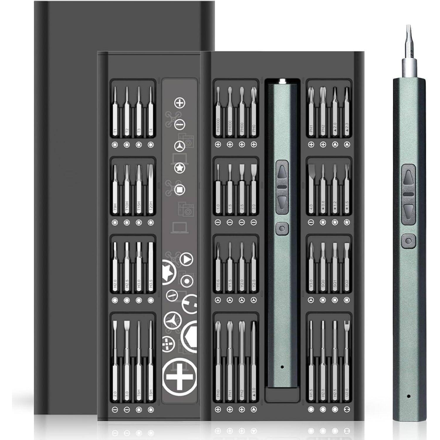 Ein Präzisions-Schraubendreher-Set mit mehreren austauschbaren Bits, einschließlich eines schlanken, batteriebetriebenen Griffs. Geeignet für die Elektronik-Reparatur.