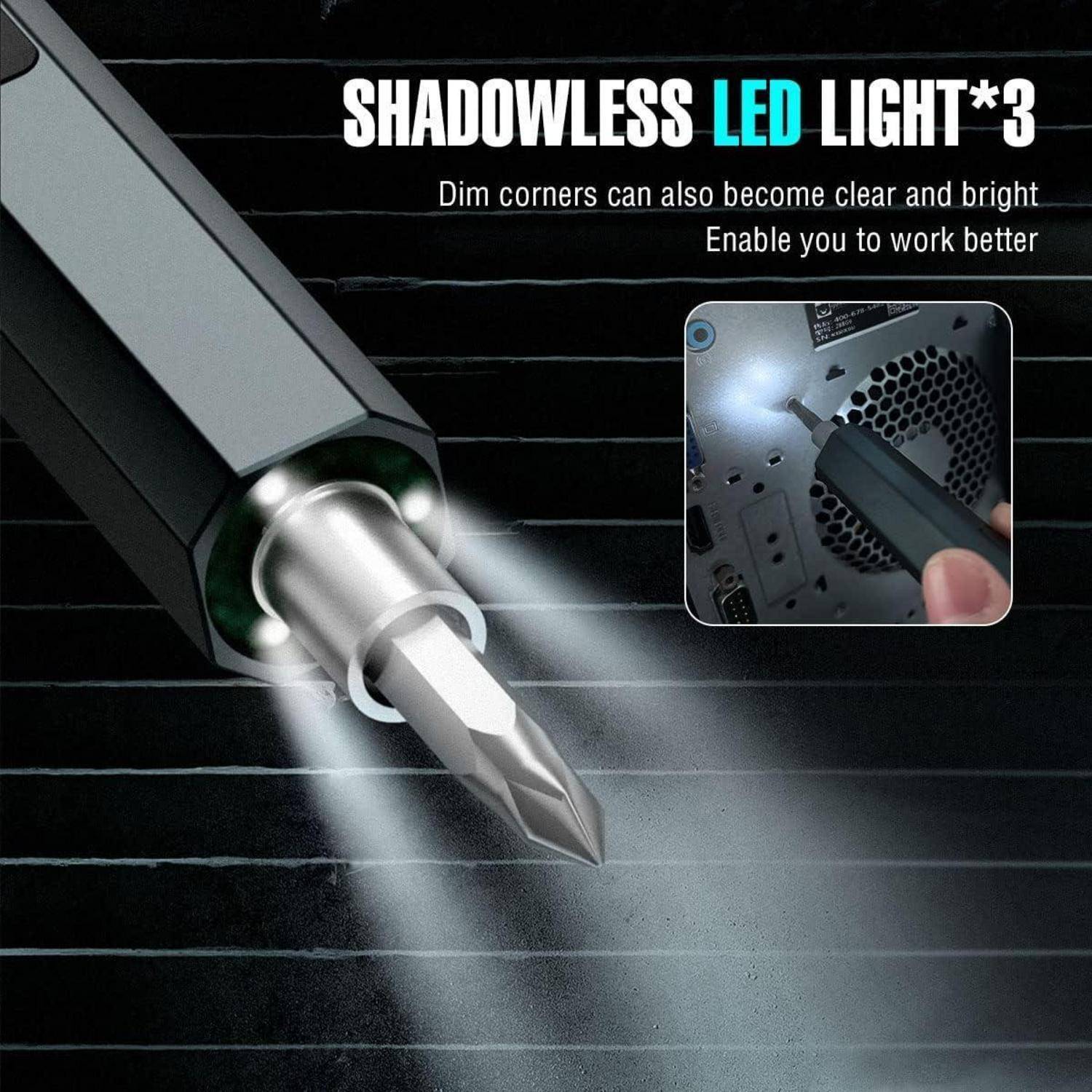 Elektrischer Schraubendreher mit ‚Schattenloser LED-Beleuchtung *3' Funktion, der eine beleuchtete Spitze zeigt. Text hebt die Beleuchtung für klare und helle Ecken hervor.