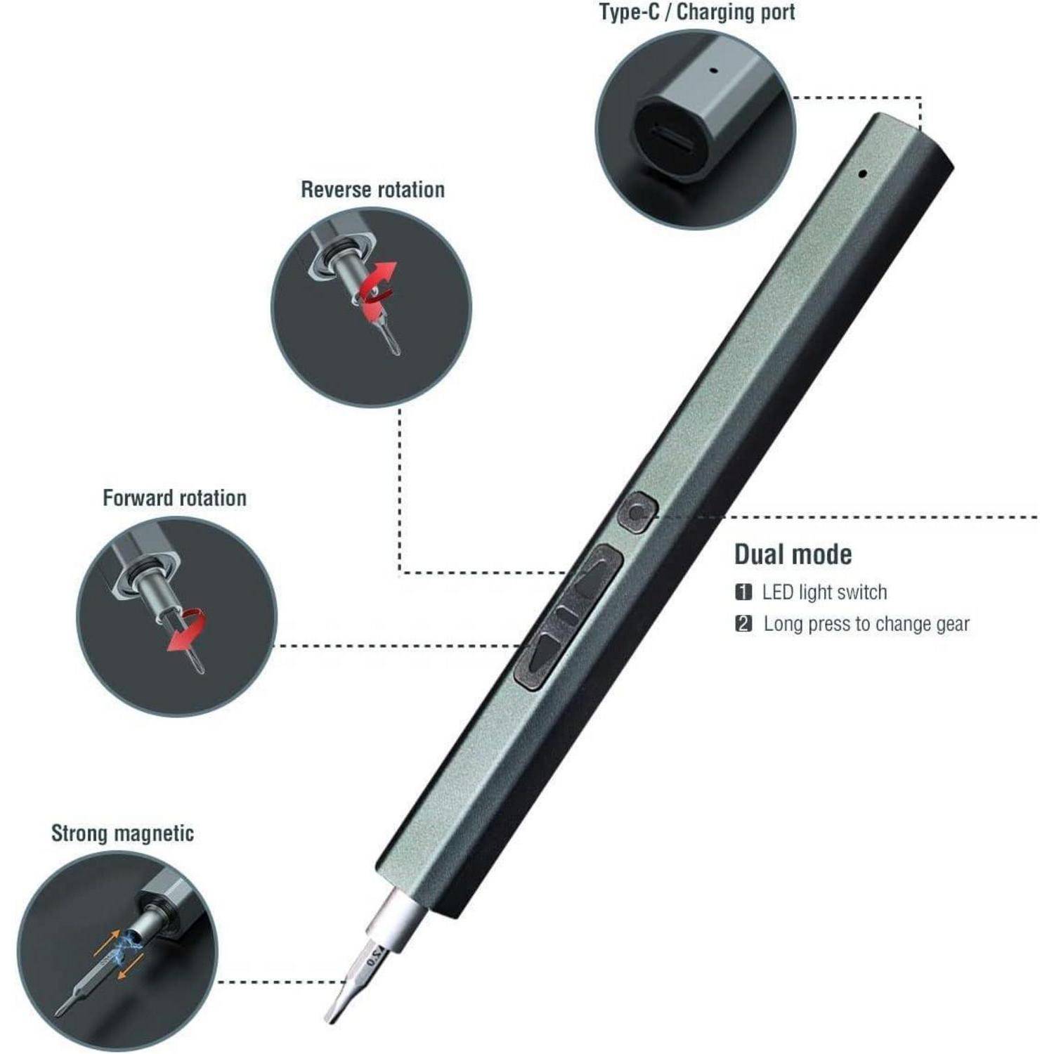 Elektrischer Schraubendreher mit Type-C-Ladeanschluss, Doppelmodus-Schalter, LED-Licht und magnetischen Bits. Mit Vorwärts- und Rückwärtsdrehung.