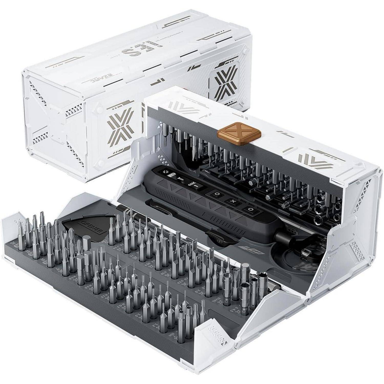 Ein weißer Werkzeugkoffer öffnet sich und zeigt verschiedene Präzisionsschraubendreher-Bits, die in Reihen angeordnet sind und für die Elektronik-Reparatur konzipiert sind.