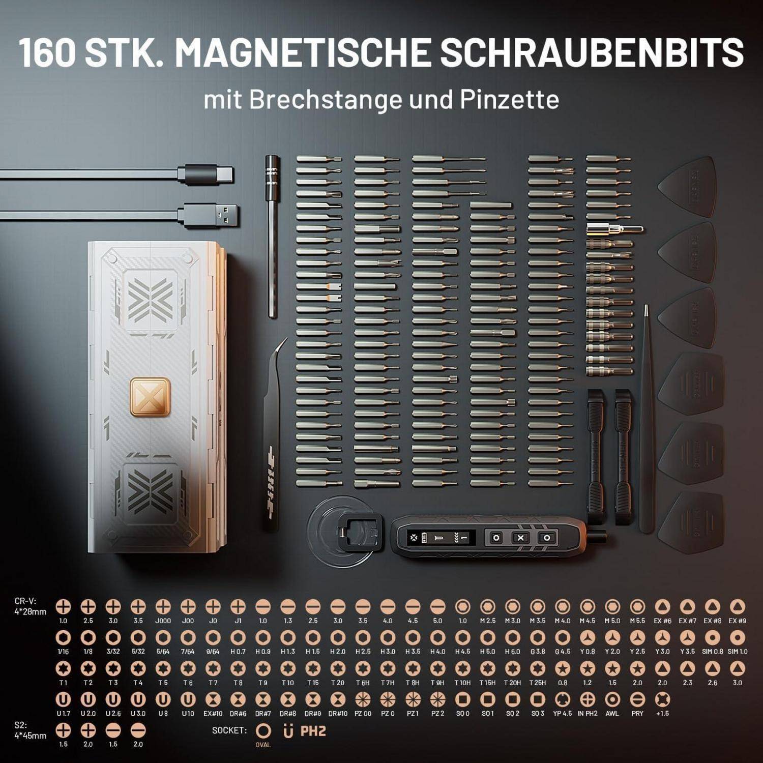 160-teiliges magnetisches Schraubendreher-Set mit Kuhfuß und Pinzette. Das Bild zeigt verschiedene Schraubendreher-Bits, eine Aufbewahrungsbox und sorgfältig organisierte Werkzeuge.
